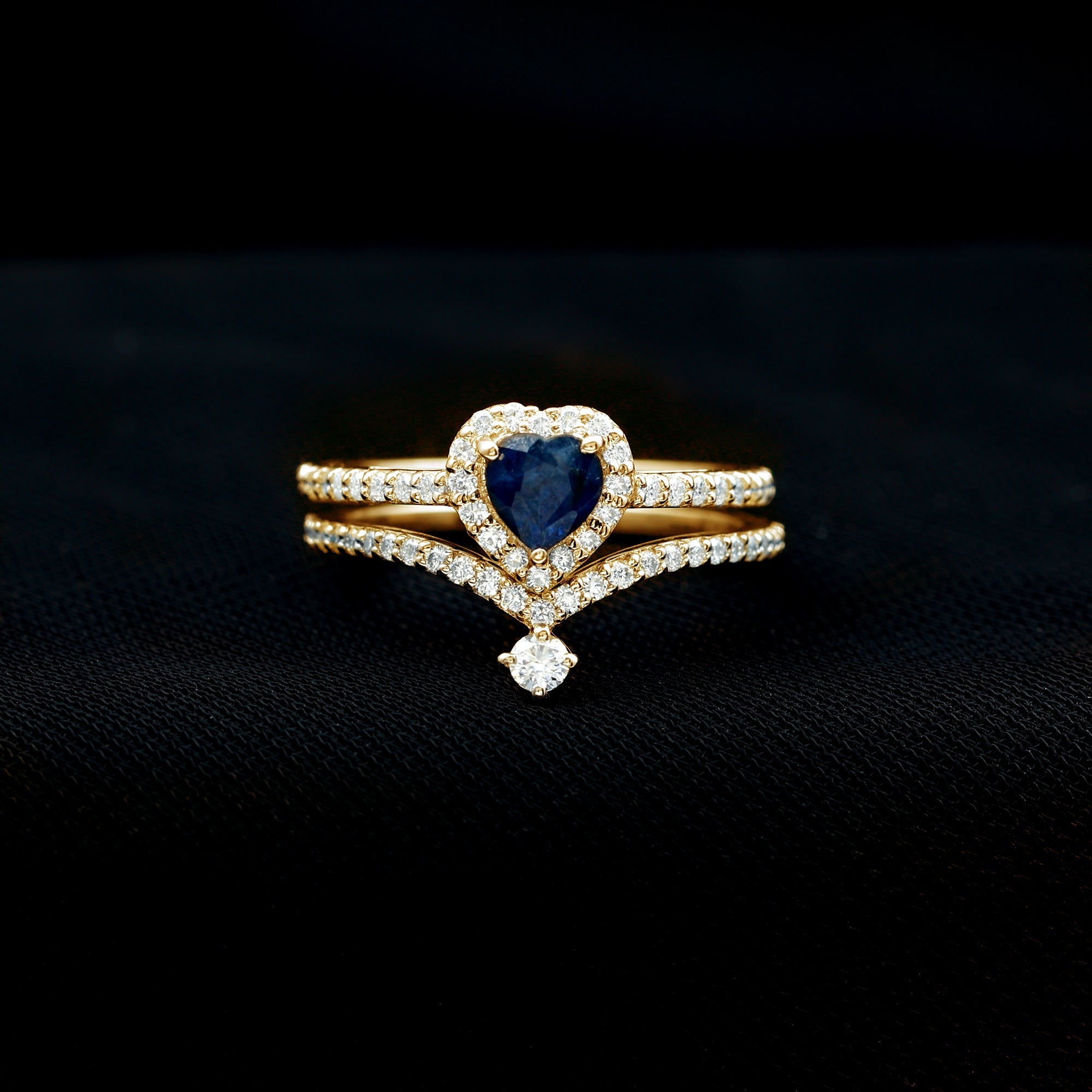 Real Heart Shape Blue Sapphire and Diamond Halo Wedding Ring Set
