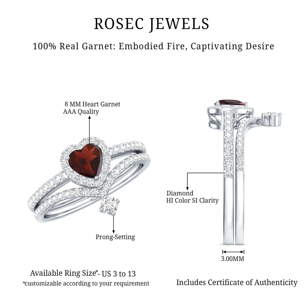 Natural Garnet Diamond Heart Engagement Ring Wedding Band Set