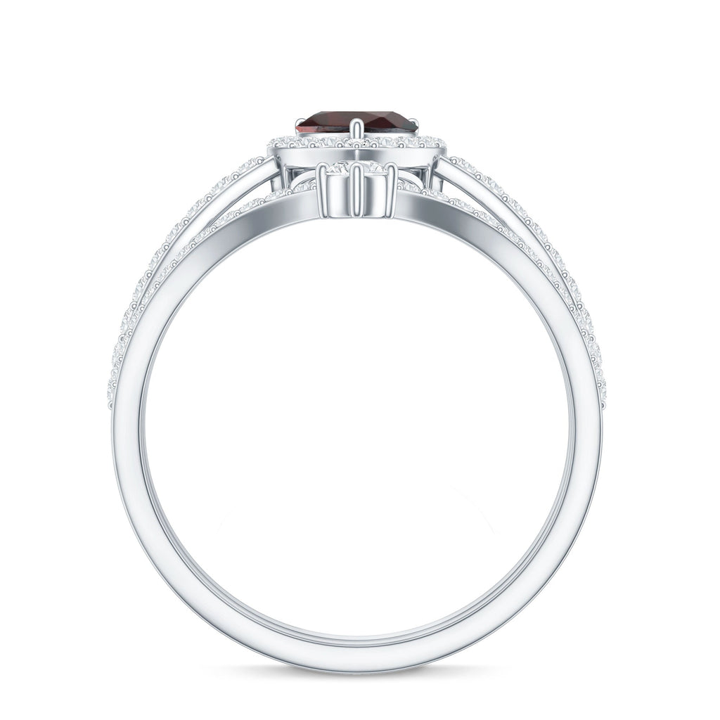 Natural Garnet Diamond Heart Engagement Ring Wedding Band Set