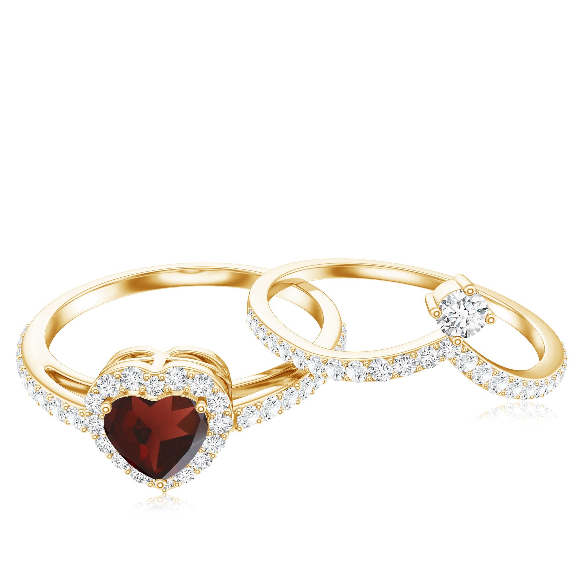 Natural Garnet Diamond Heart Engagement Ring Wedding Band Set