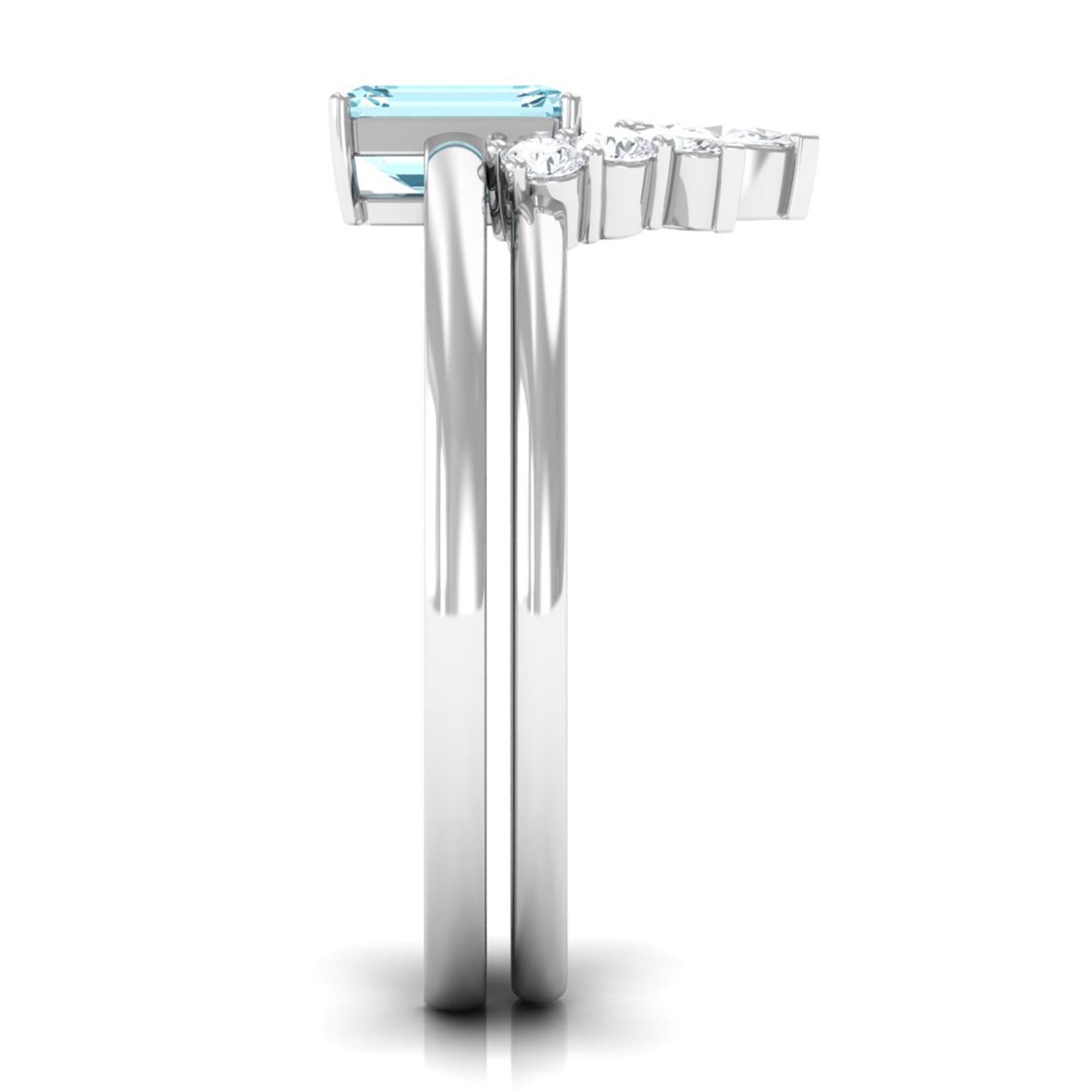 Natural Emerald Cut Aquamarine Engagement Ring with Diamond Wedding Band