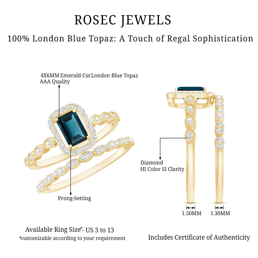London Blue Topaz and Diamond Vintage Inspired Wedding Ring Set