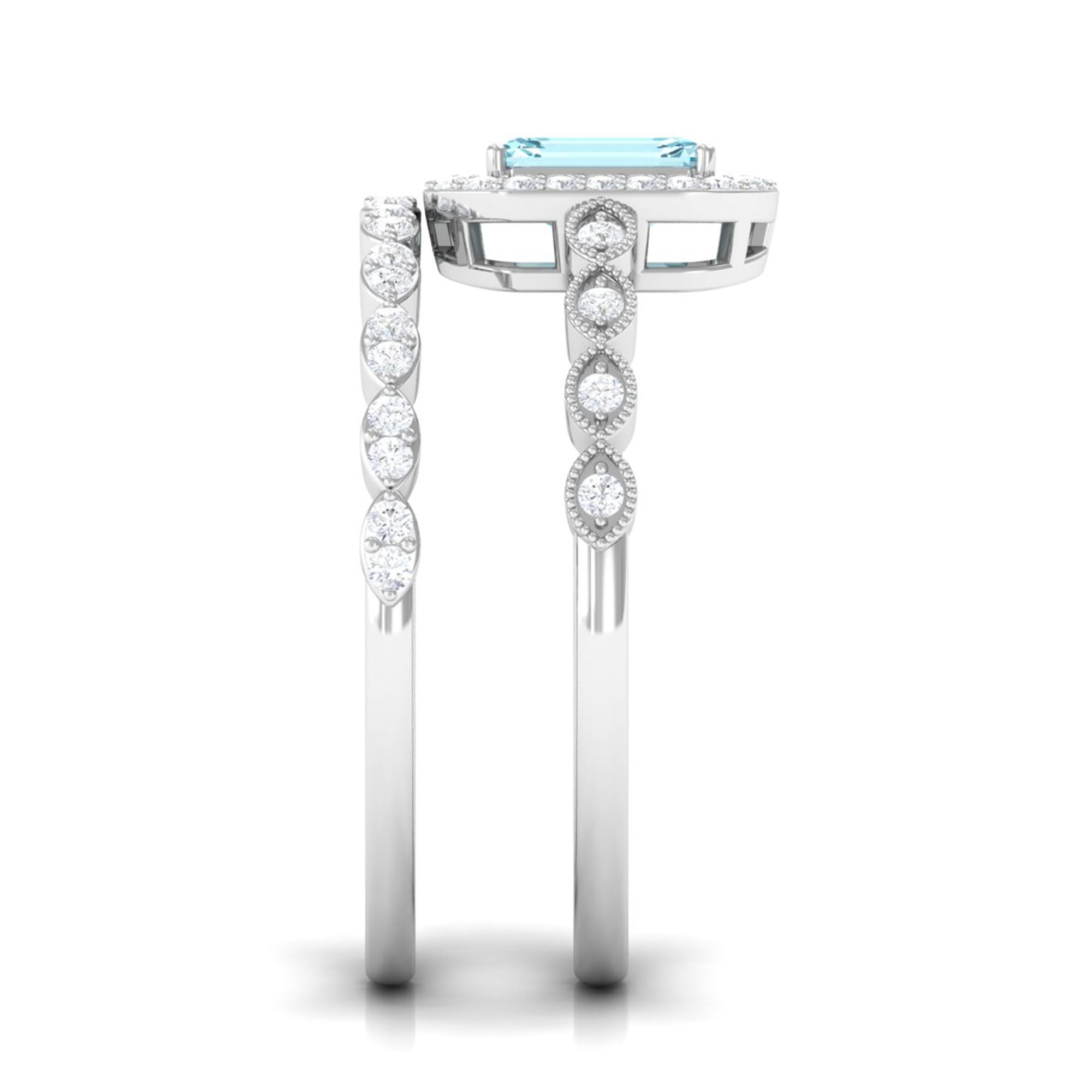 Certified 0.6 Carat Emerald Cut Aquamarine and Diamond Designer Ring Set