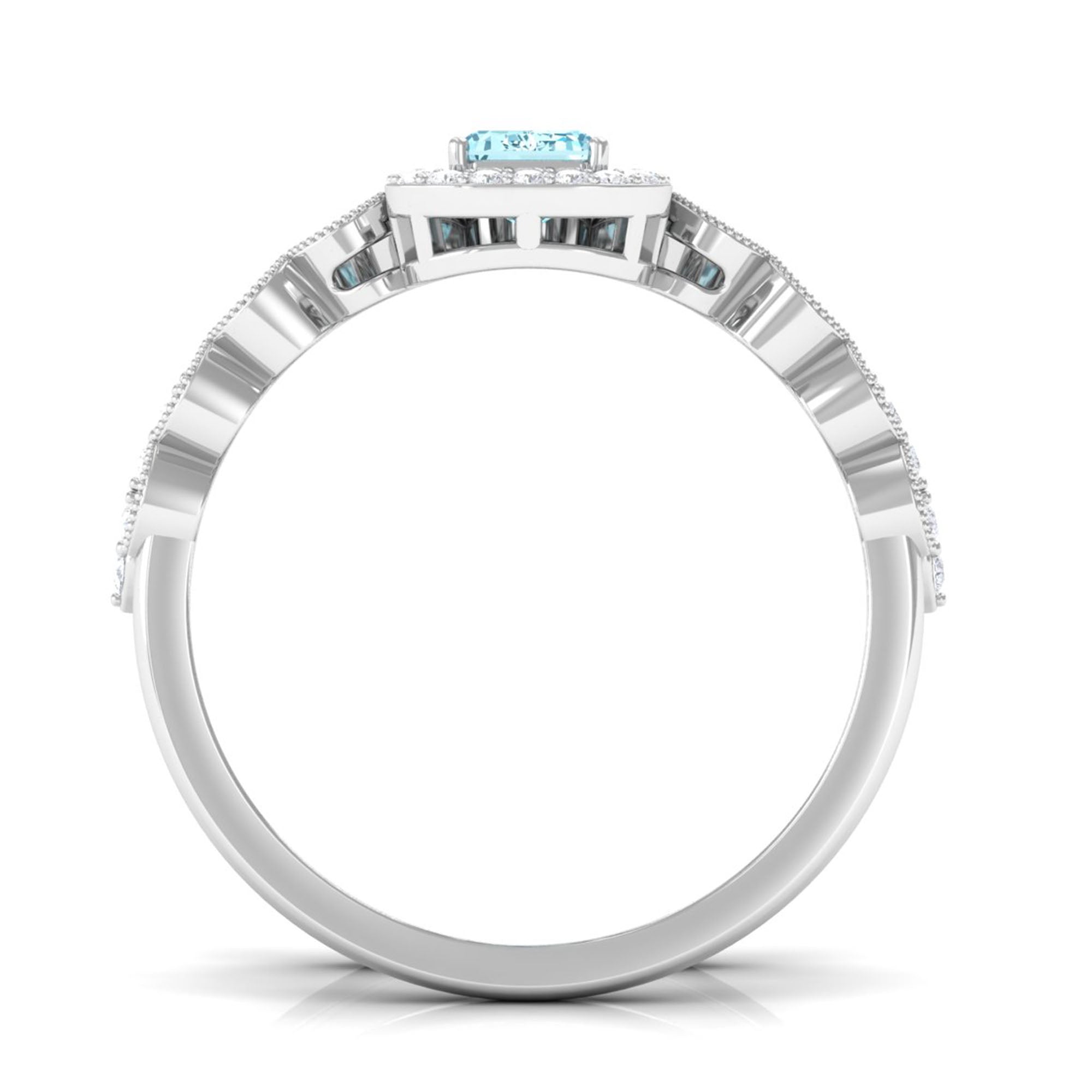 Certified 0.6 Carat Emerald Cut Aquamarine and Diamond Designer Ring Set