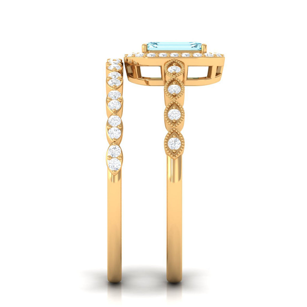 Certified 0.6 Carat Emerald Cut Aquamarine and Diamond Designer Ring Set