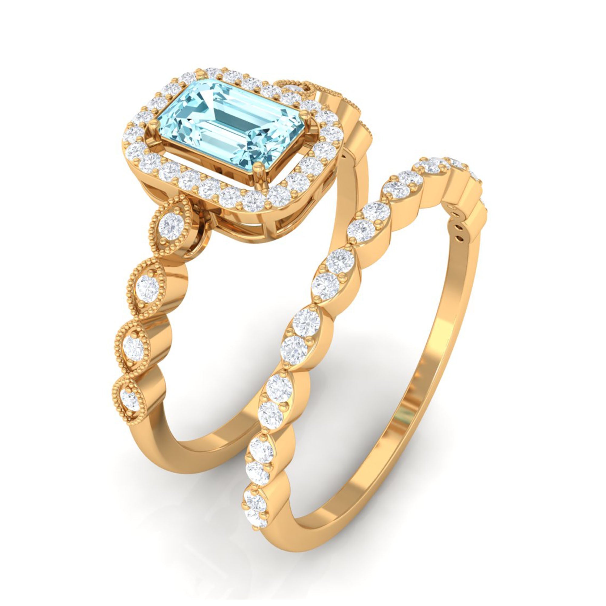 Certified 0.6 Carat Emerald Cut Aquamarine and Diamond Designer Ring Set