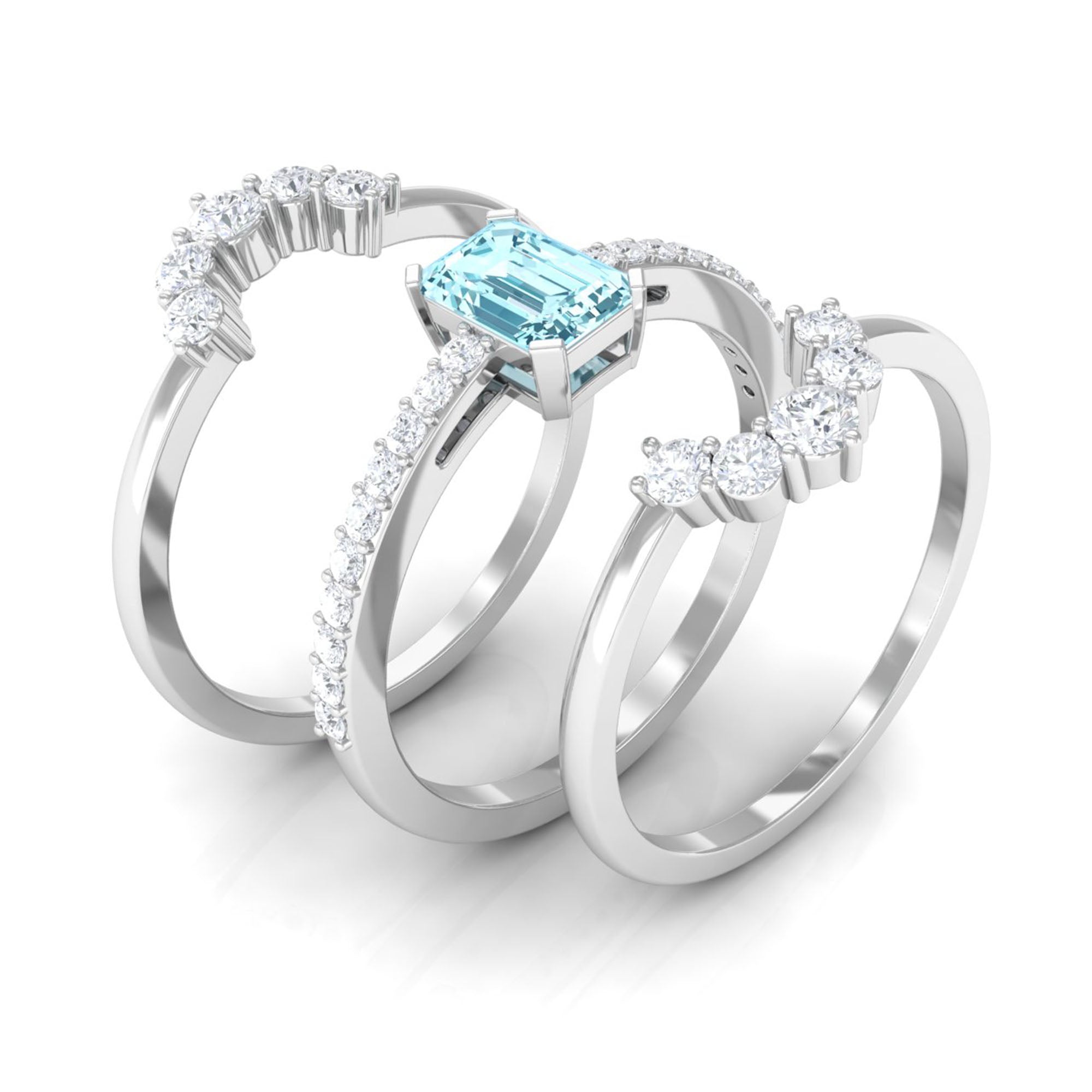 Certified Emerald Cut Real Aquamarine Trio Wedding Ring Set with Diamond