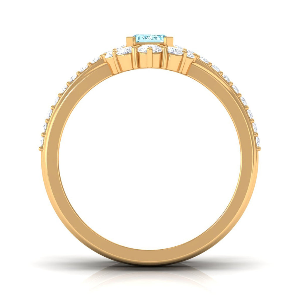 Certified Emerald Cut Real Aquamarine Trio Wedding Ring Set with Diamond
