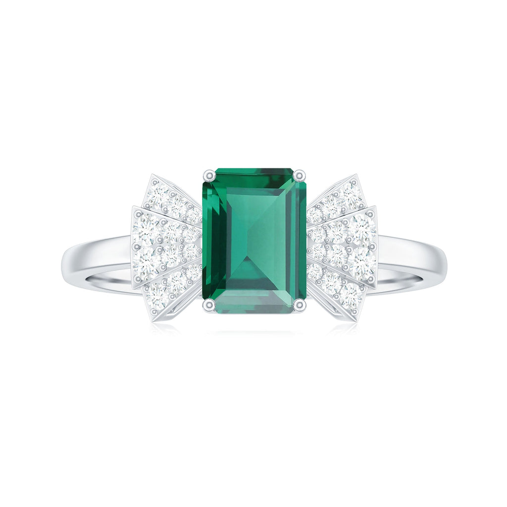 Designer Lab Grown Emerald Cut Emerald Engagement Ring with Bow Diamond