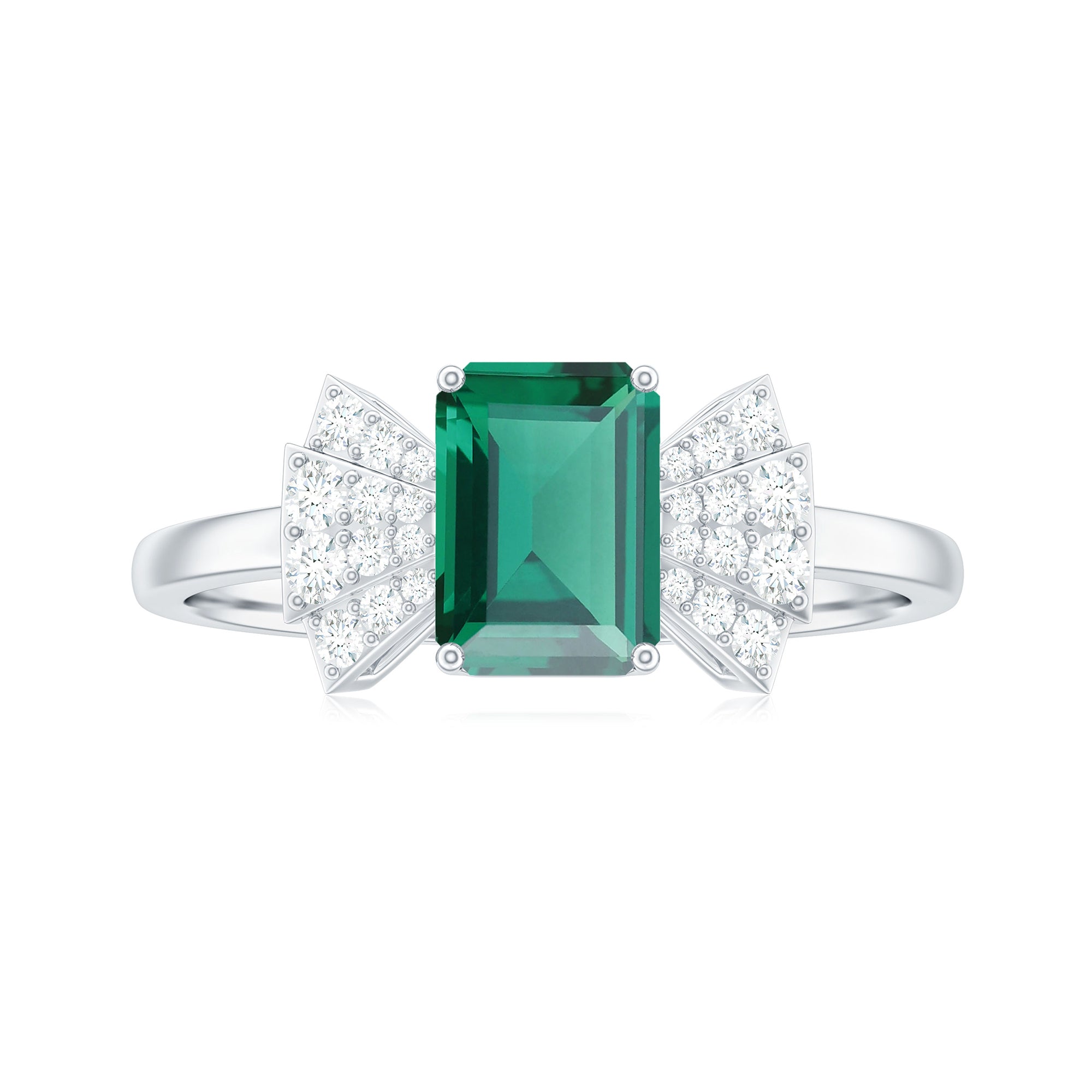 Designer Lab Grown Emerald Cut Emerald Engagement Ring with Bow Diamond