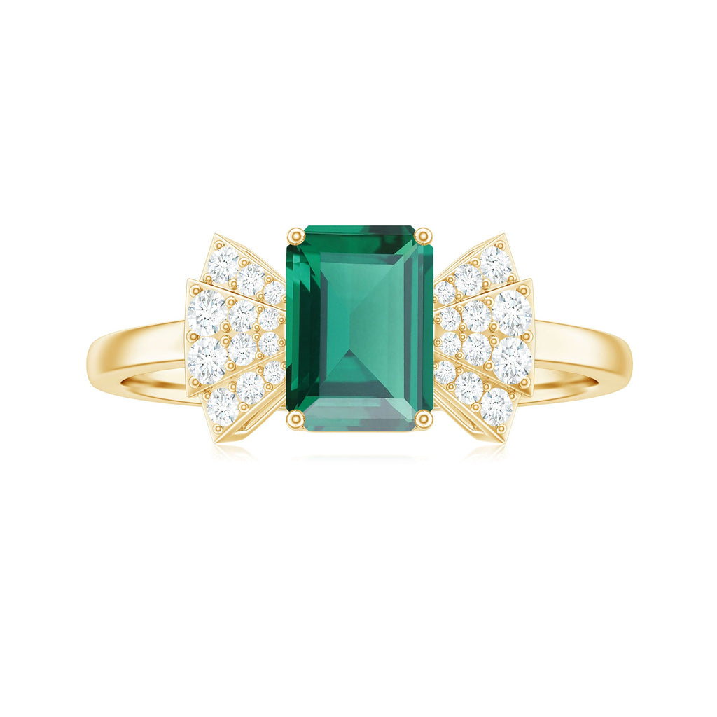 Designer Lab Grown Emerald Cut Emerald Engagement Ring with Bow Diamond