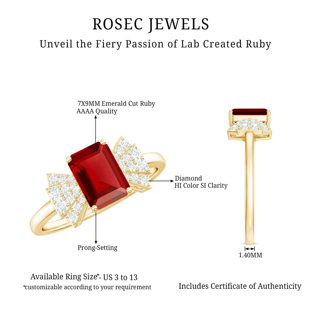Certified 2.2 Carat Lab Grown Ruby Emerald Cut Engagement Ring with Diamond