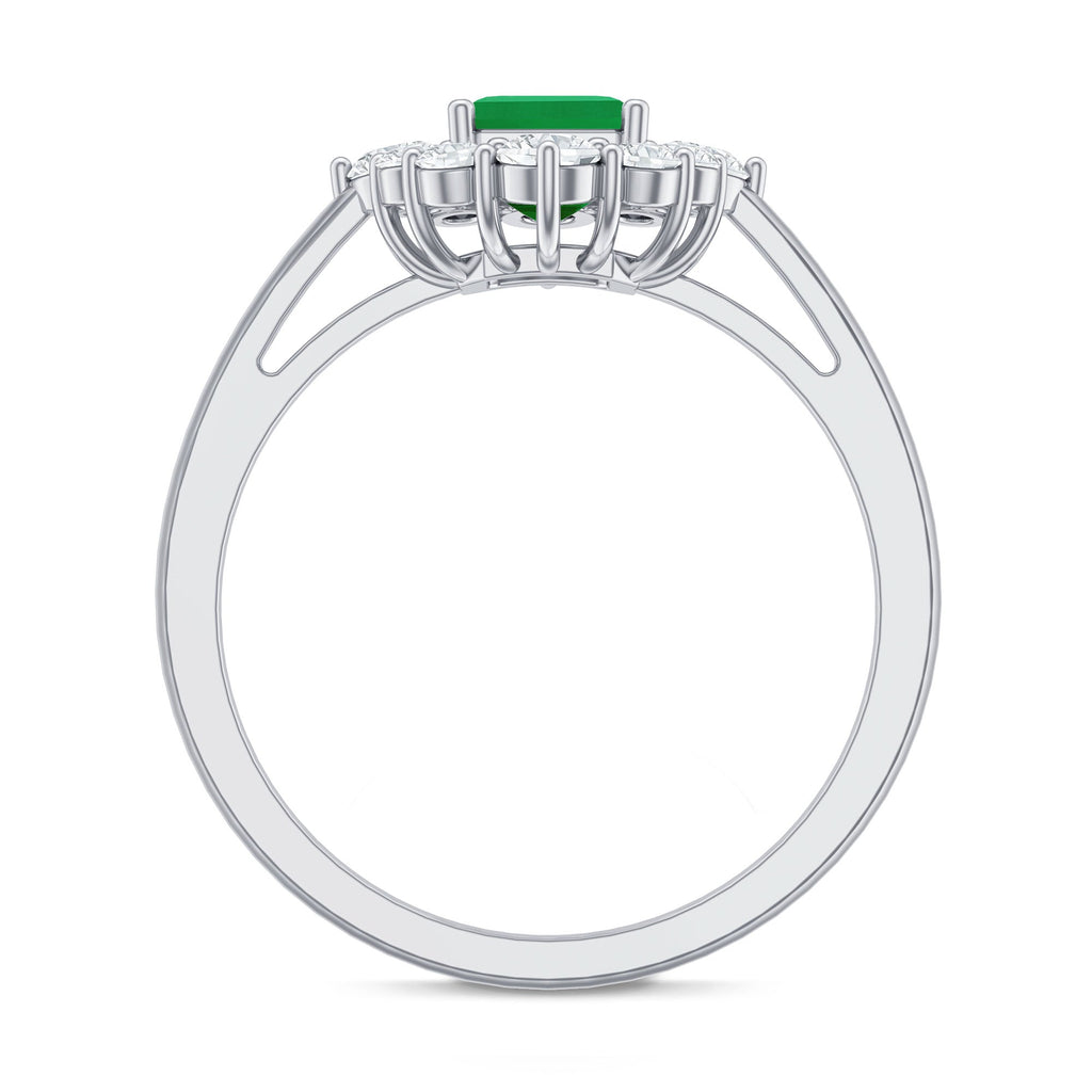 Certified Real Emerald Cut Emerald Engagement Ring with Diamond Halo
