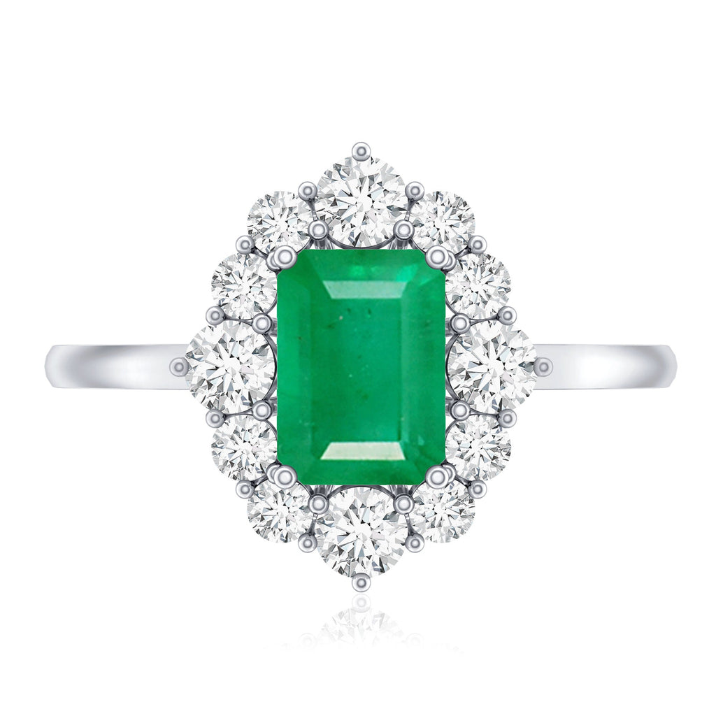 Certified Real Emerald Cut Emerald Engagement Ring with Diamond Halo