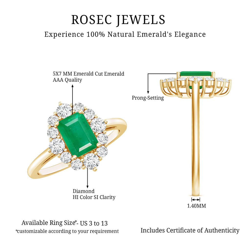 Certified Real Emerald Cut Emerald Engagement Ring with Diamond Halo