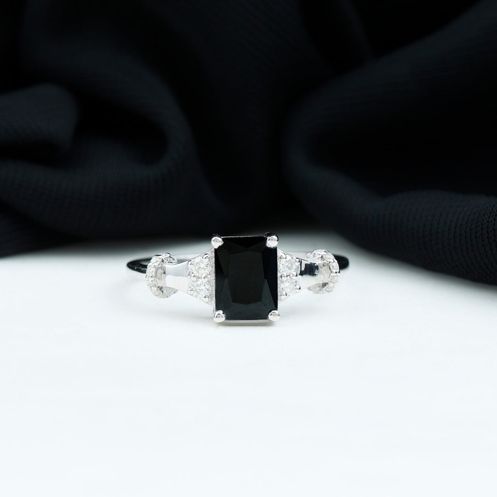 Emerald Cut Black Onyx Engagement Ring with Diamond
