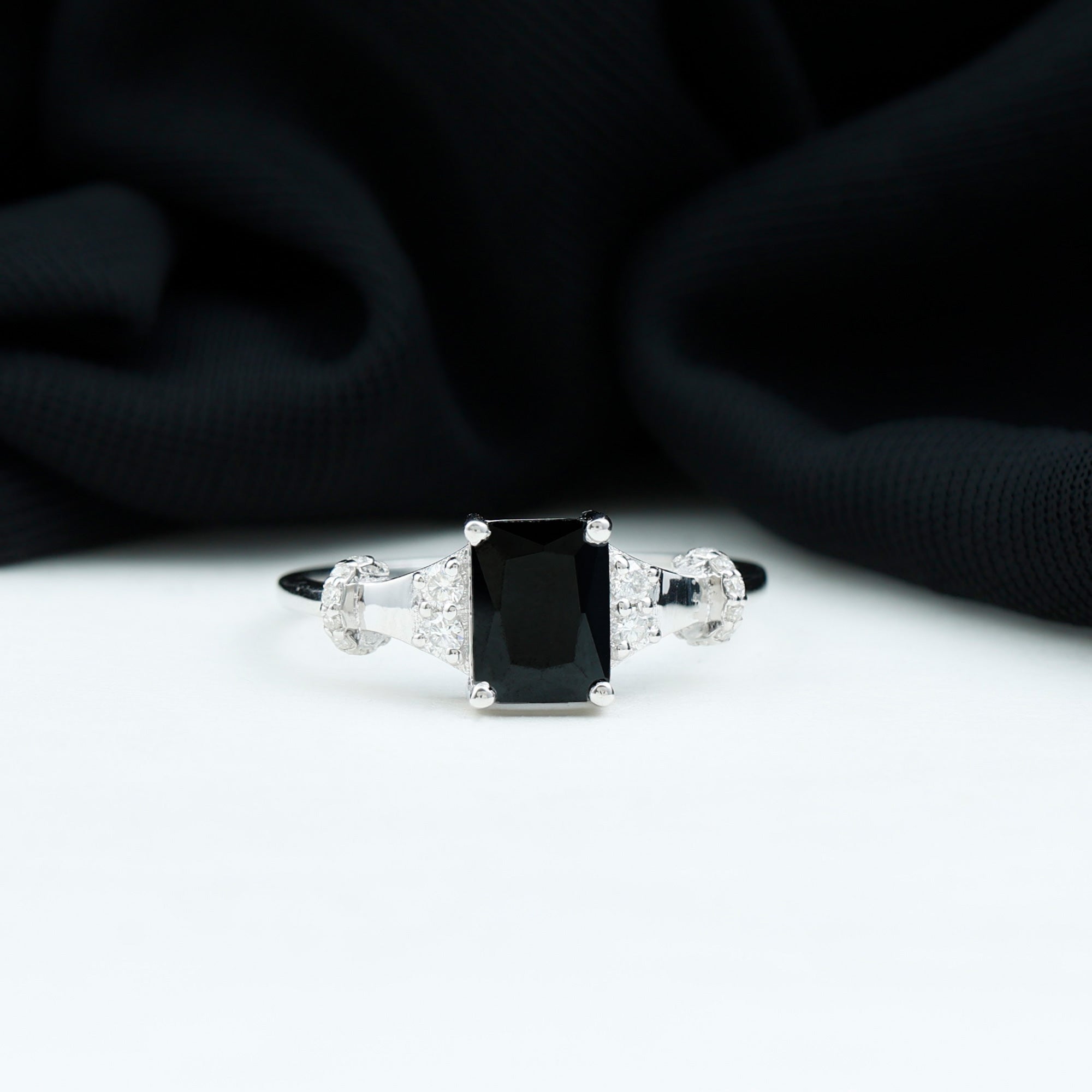 Emerald Cut Black Onyx Engagement Ring with Diamond