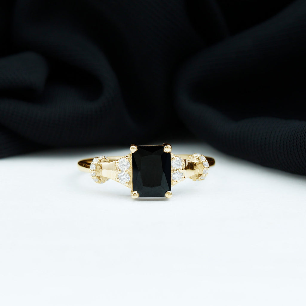 Emerald Cut Black Onyx Engagement Ring with Diamond