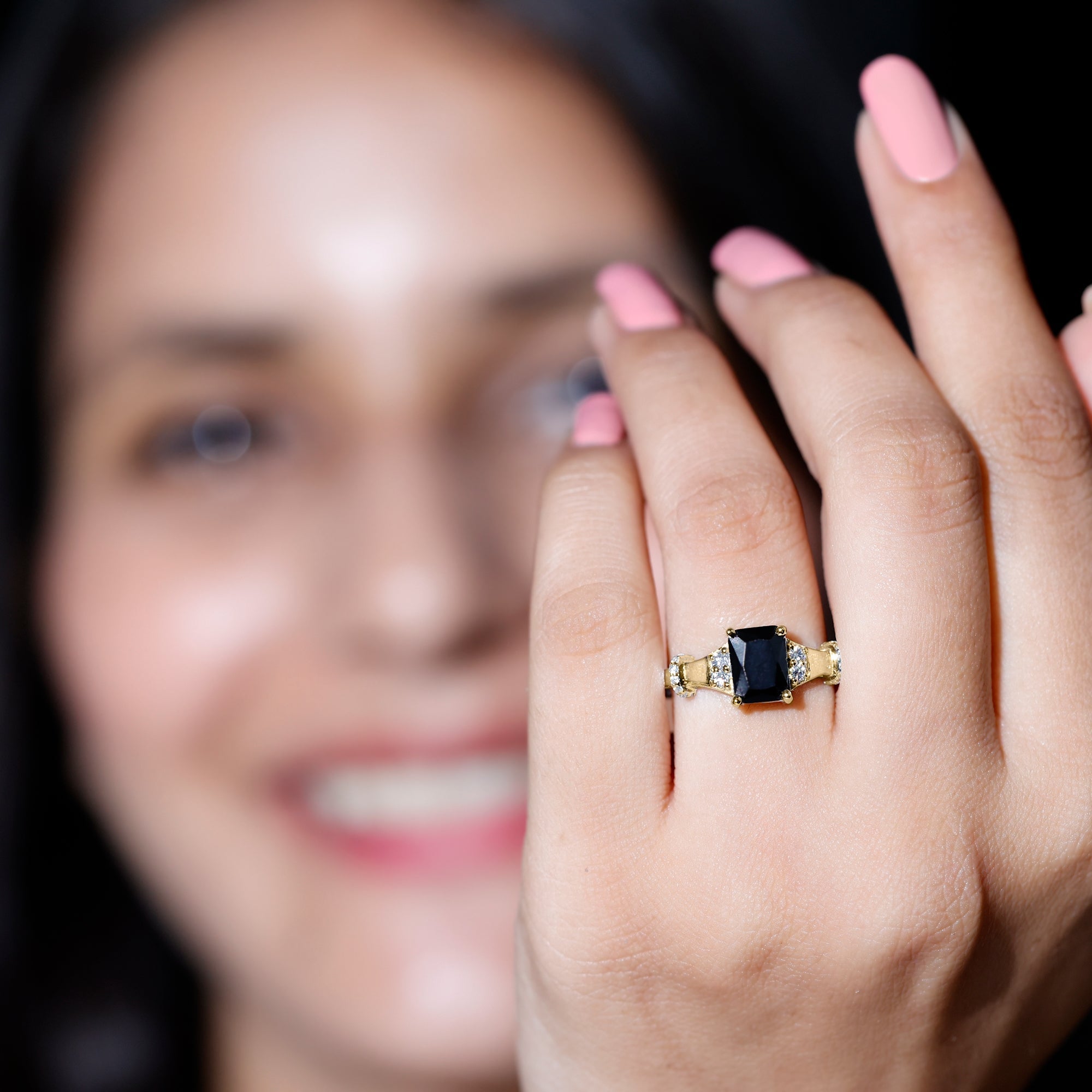 Emerald Cut Black Onyx Engagement Ring with Diamond