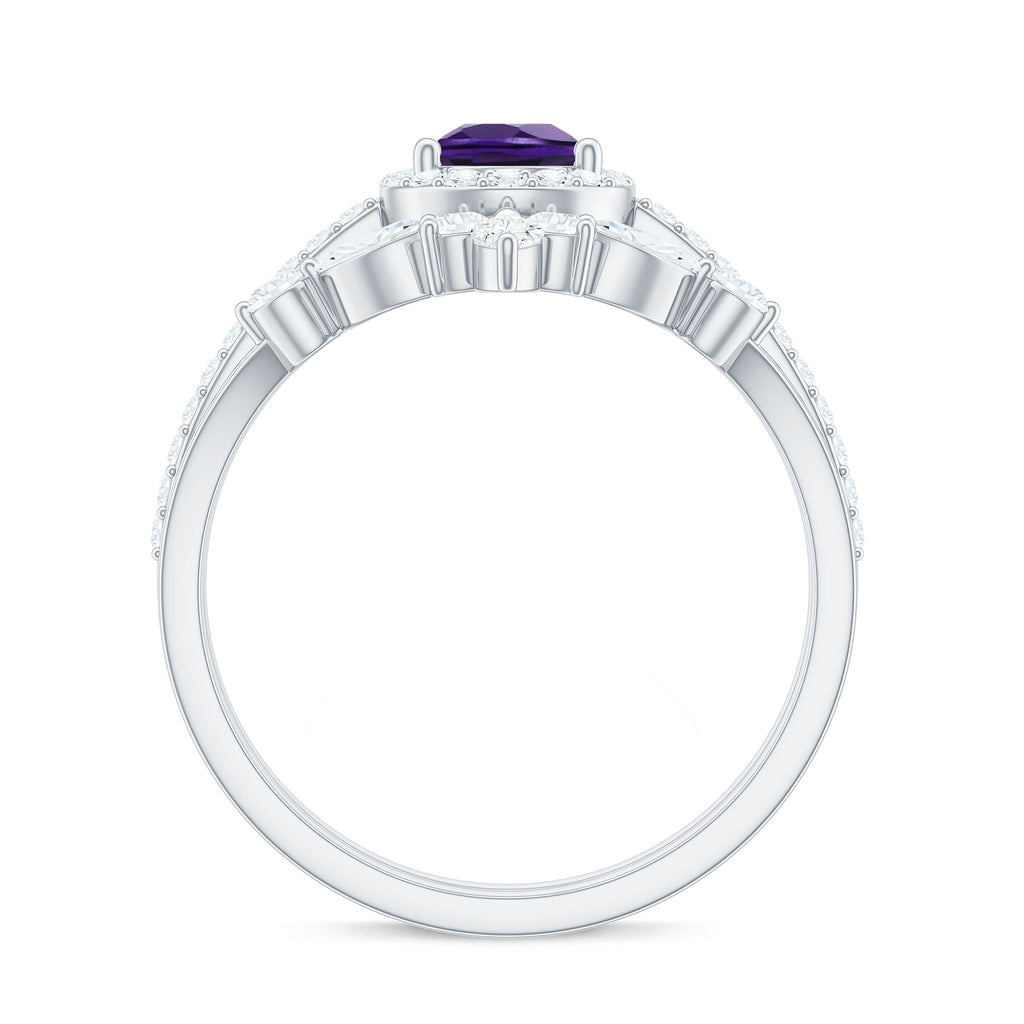 Natural Pear Shape Amethyst Wedding Bridal Ring Set with Certificate