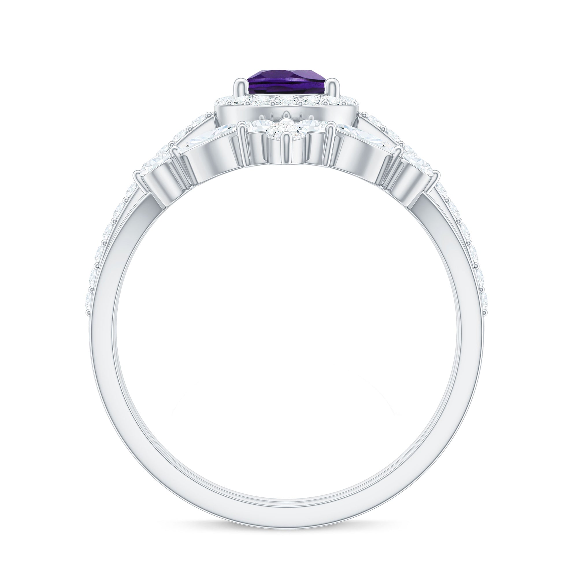 Natural Pear Shape Amethyst Wedding Bridal Ring Set with Certificate