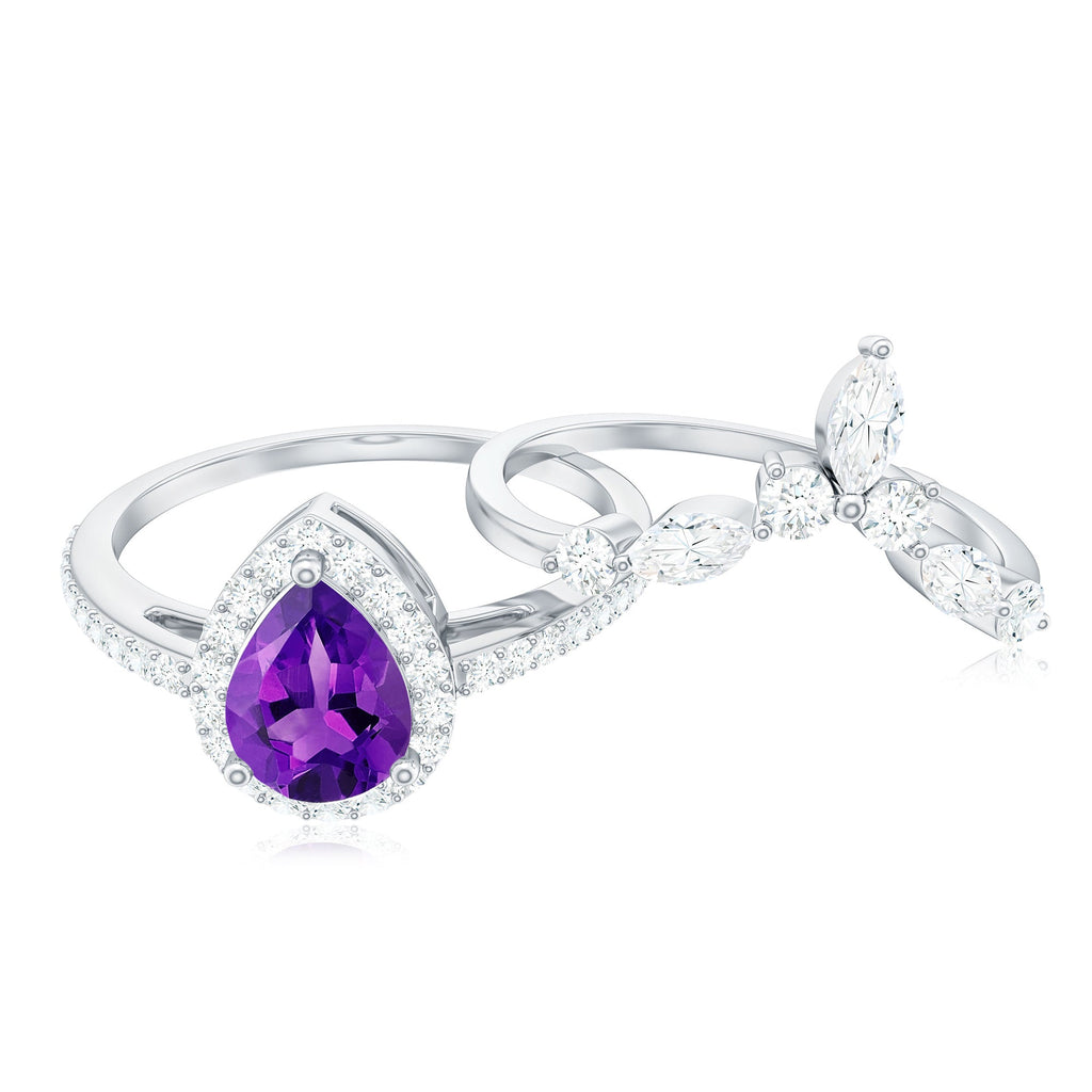 Natural Pear Shape Amethyst Wedding Bridal Ring Set with Certificate
