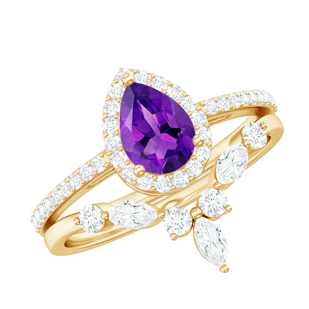 Natural Pear Shape Amethyst Wedding Bridal Ring Set with Certificate