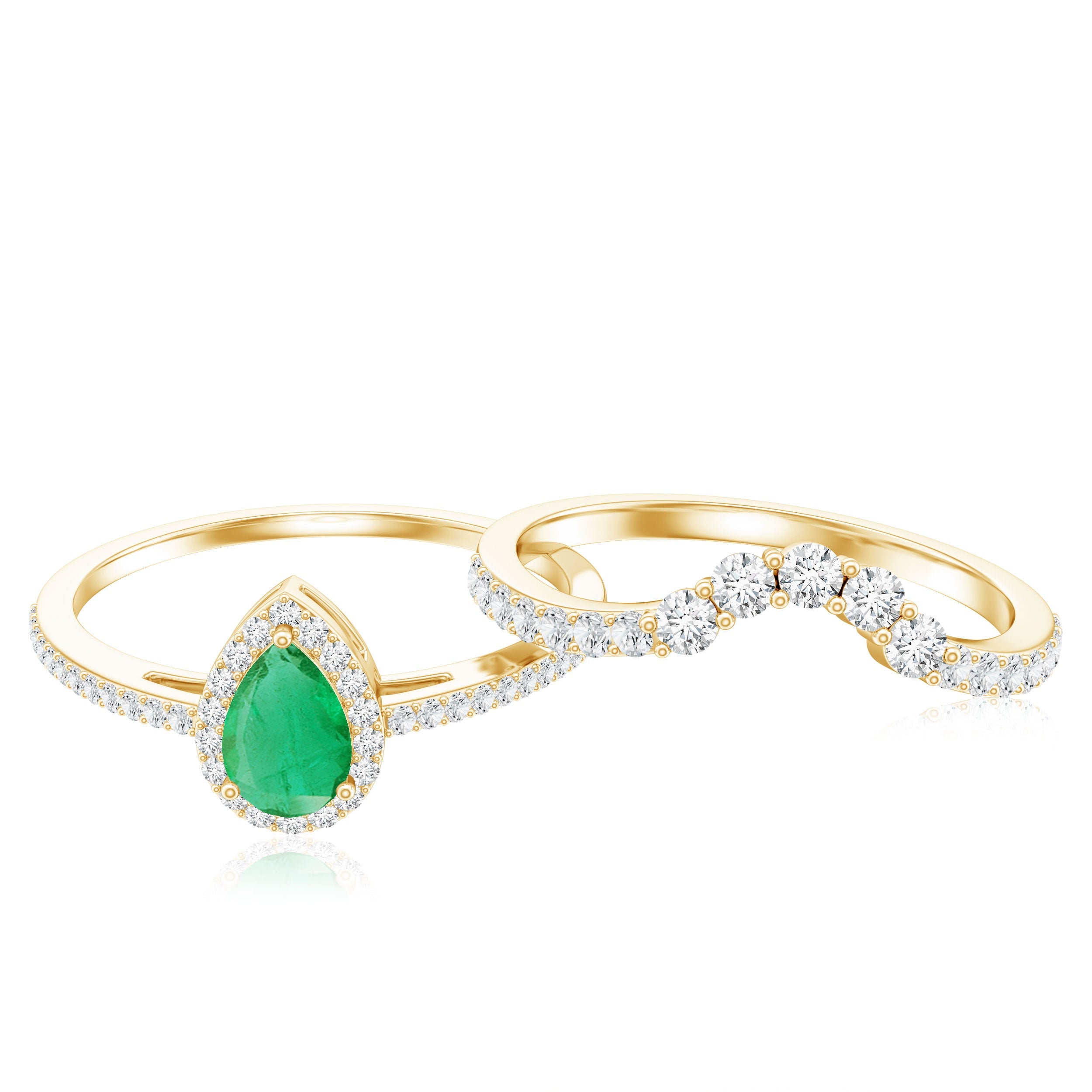 0.3 Carat Natural Emerald Diamond Pear Shaped Engagement Wedding Ring Set of 2