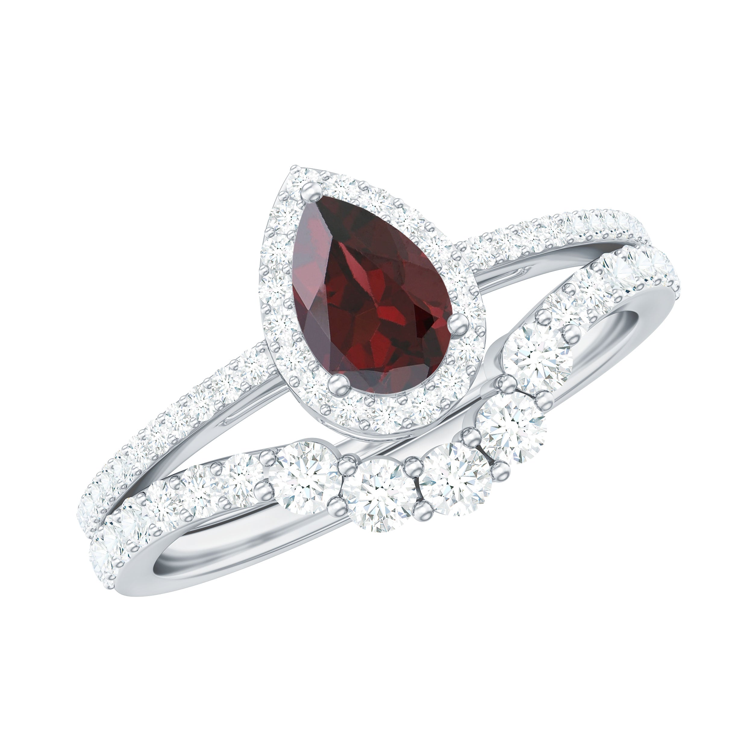 Natural 0.8 Carat Pear Shape Garnet Diamond Wedding Engagement Ring Set