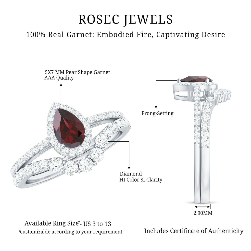 Natural 0.8 Carat Pear Shape Garnet Diamond Wedding Engagement Ring Set