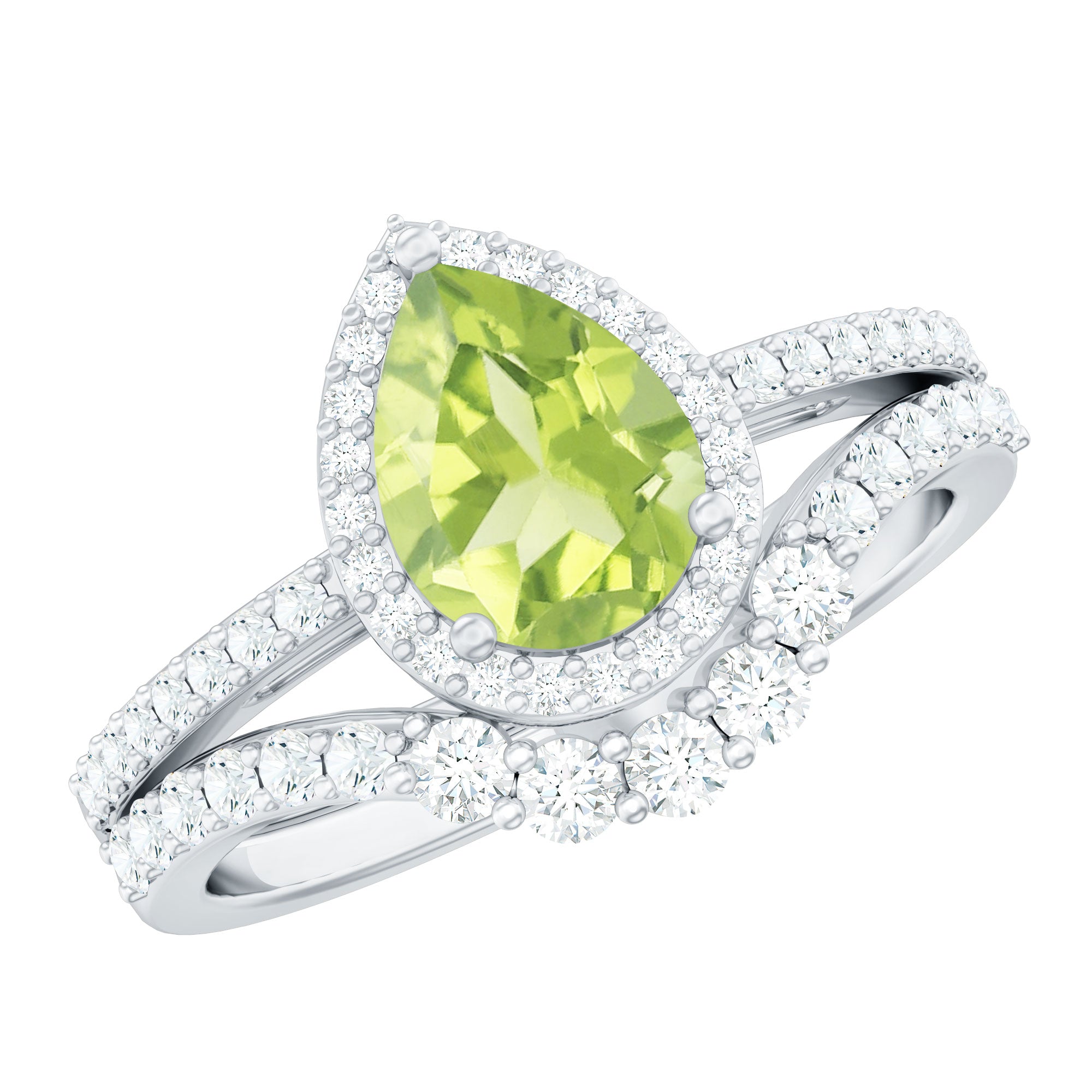 Real 1 Carat Peridot Pear Shaped Engagement Ring with Curved Enhancer