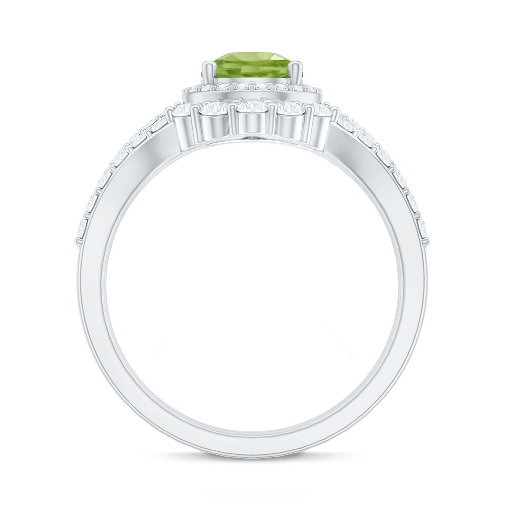 Real 1 Carat Peridot Pear Shaped Engagement Ring with Curved Enhancer