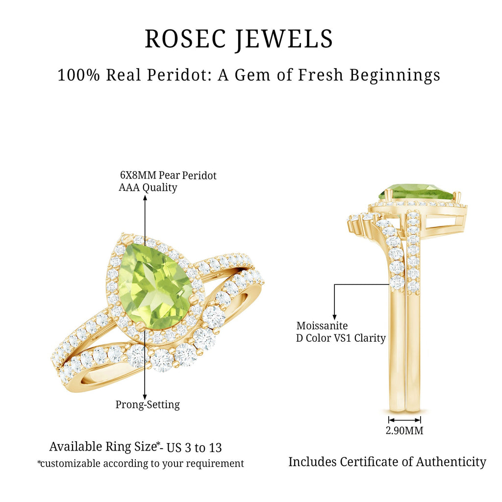 Real 1 Carat Peridot Pear Shaped Engagement Ring with Curved Enhancer