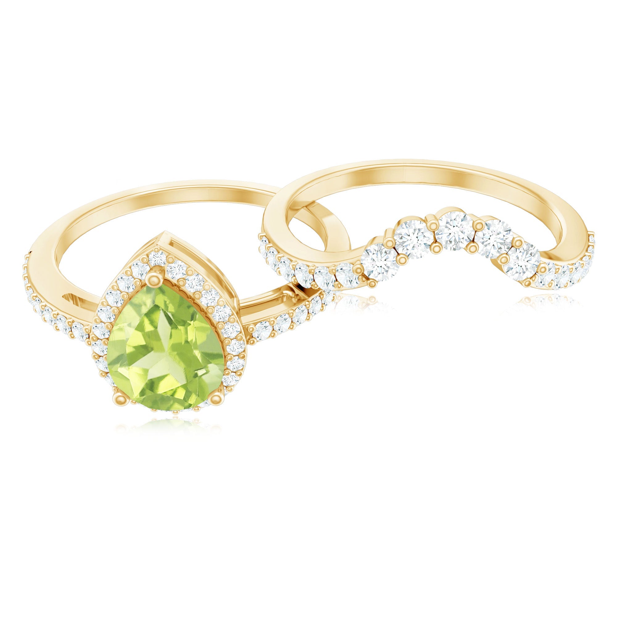 Real 1 Carat Peridot Pear Shaped Engagement Ring with Curved Enhancer