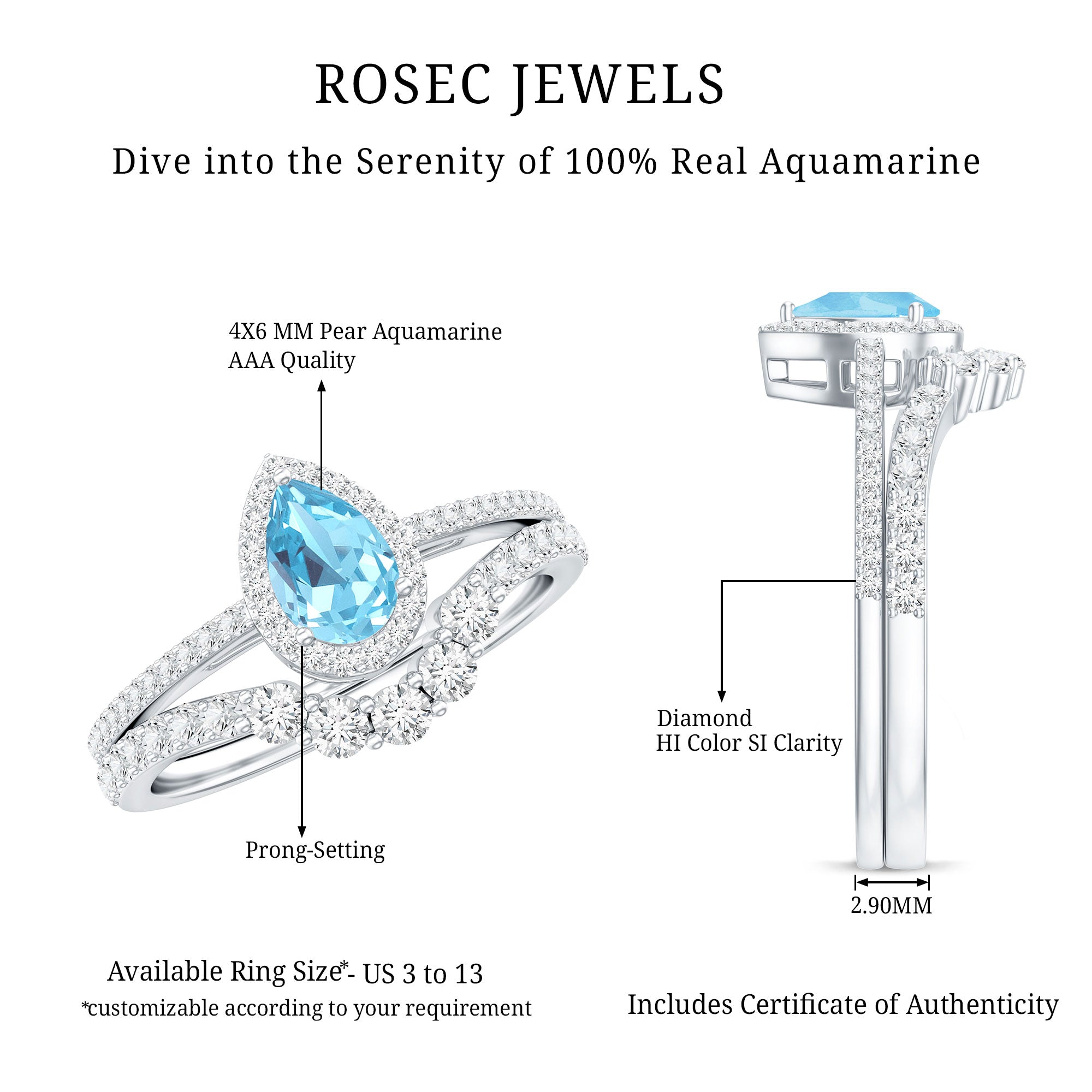Genuine Aquamarine Teardrop Bridal Ring Set with Diamond Halo