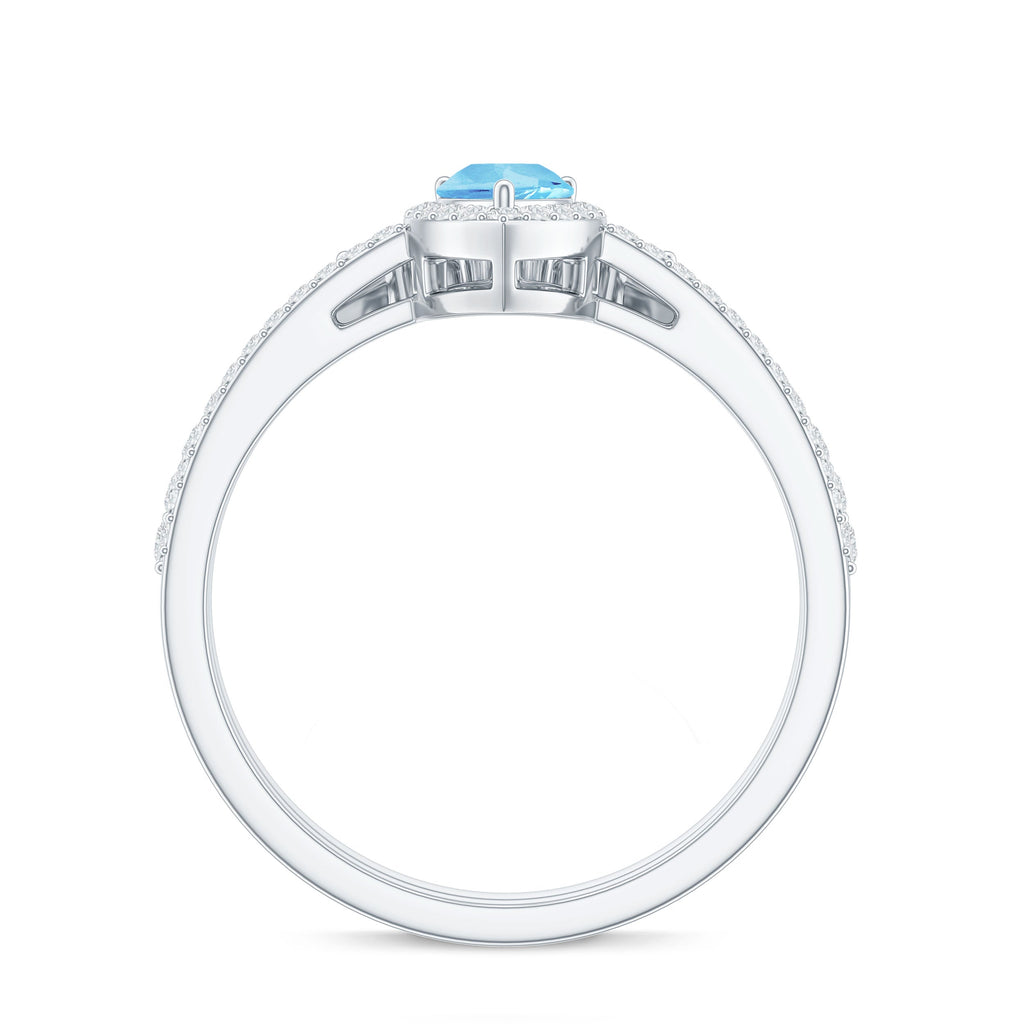 Genuine Aquamarine Teardrop Bridal Ring Set with Diamond Halo