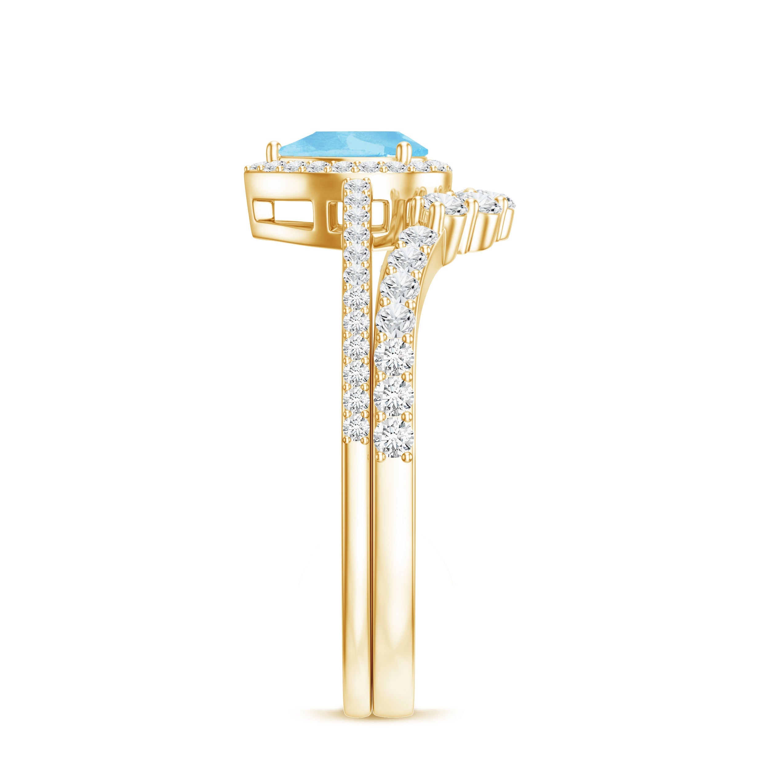 Genuine Aquamarine Teardrop Bridal Ring Set with Diamond Halo