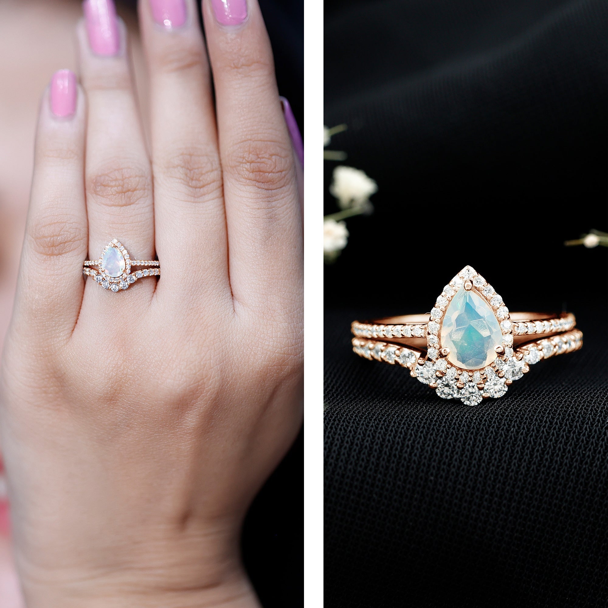 Certified 0.7 Carat Natural Ethiopian Opal Teardrop Wedding Engagement Ring Set of 2