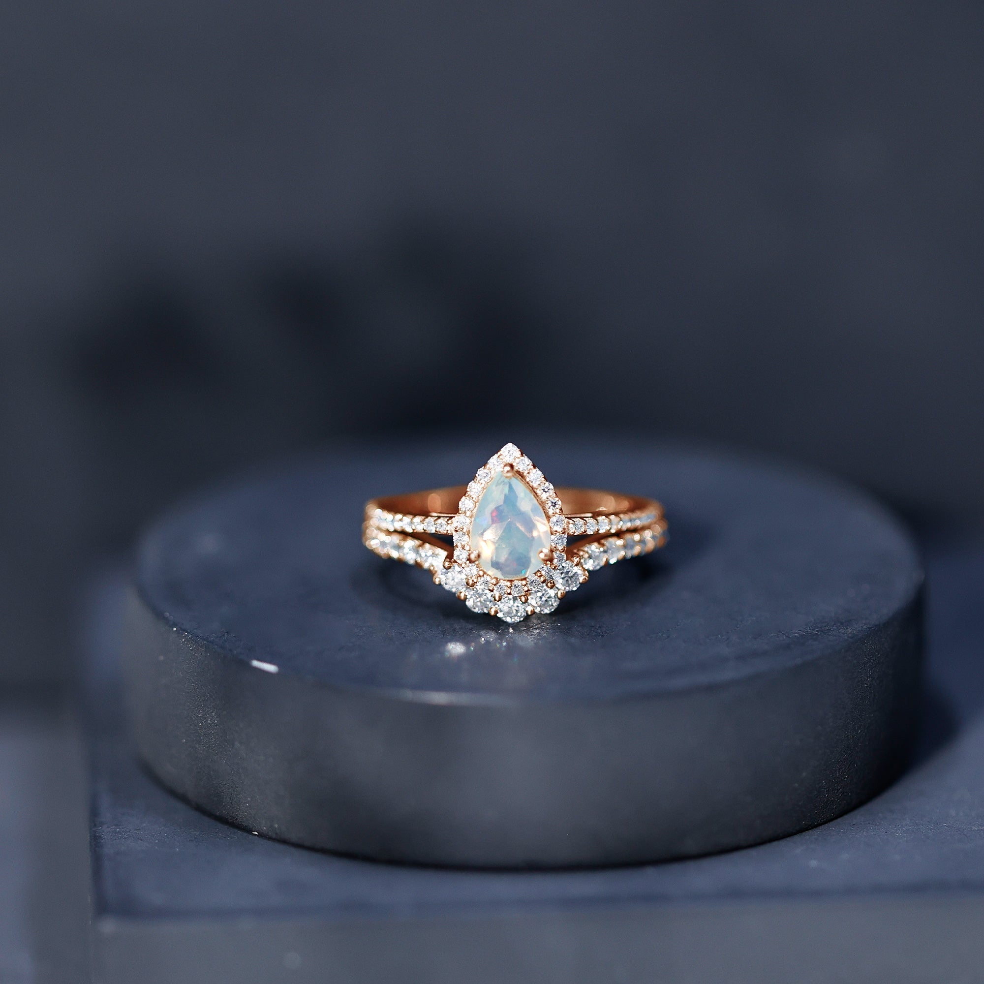 Certified 0.7 Carat Natural Ethiopian Opal Teardrop Wedding Engagement Ring Set of 2
