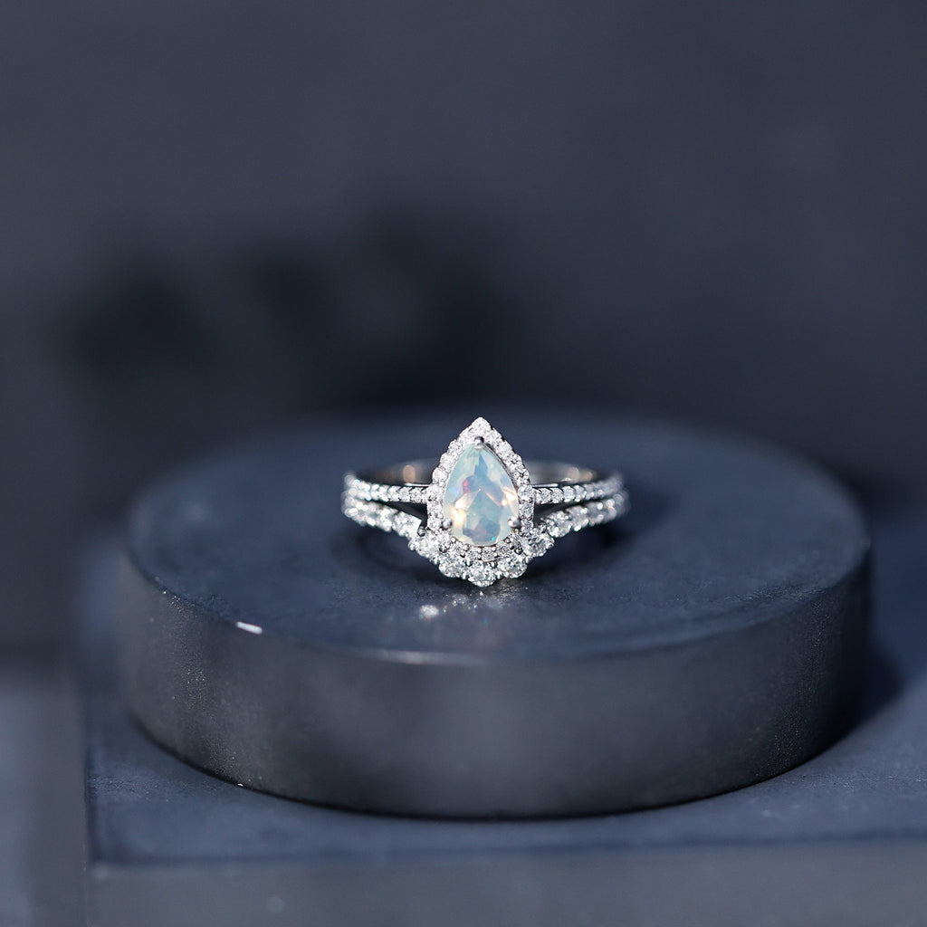 Certified 0.7 Carat Natural Ethiopian Opal Teardrop Wedding Engagement Ring Set of 2