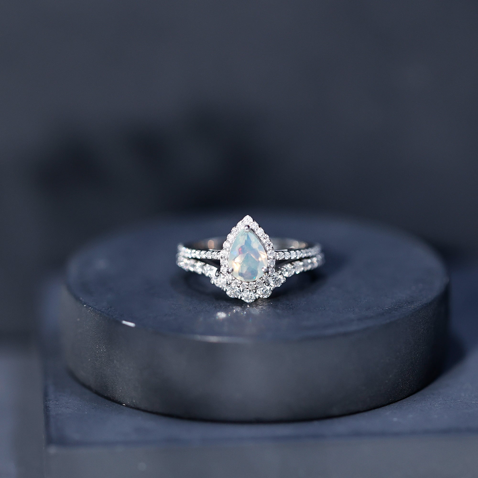 Certified 0.7 Carat Natural Ethiopian Opal Teardrop Wedding Engagement Ring Set of 2