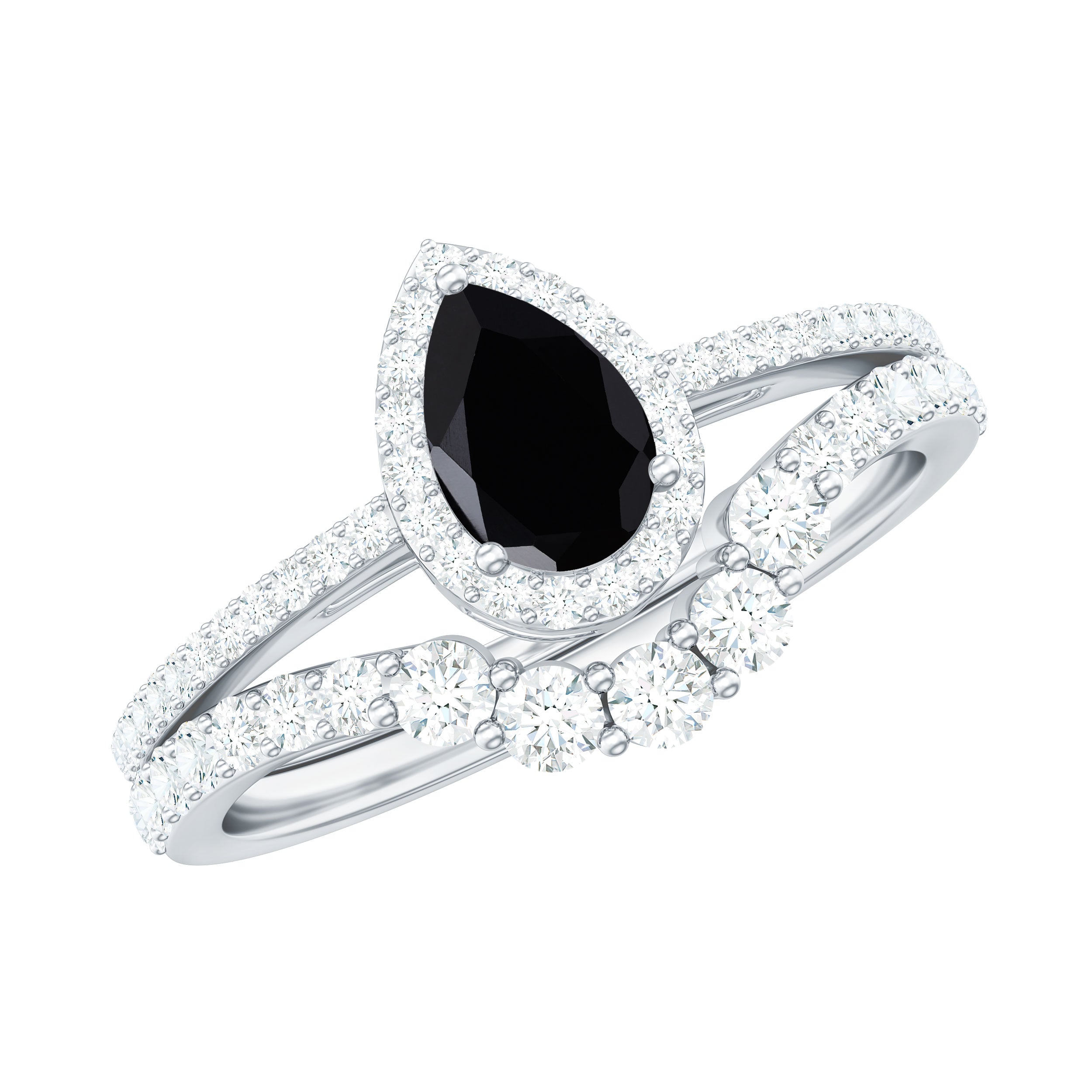 Natural Black Spinel Pear Shaped Engagement Ring with Moissanite Enhancer