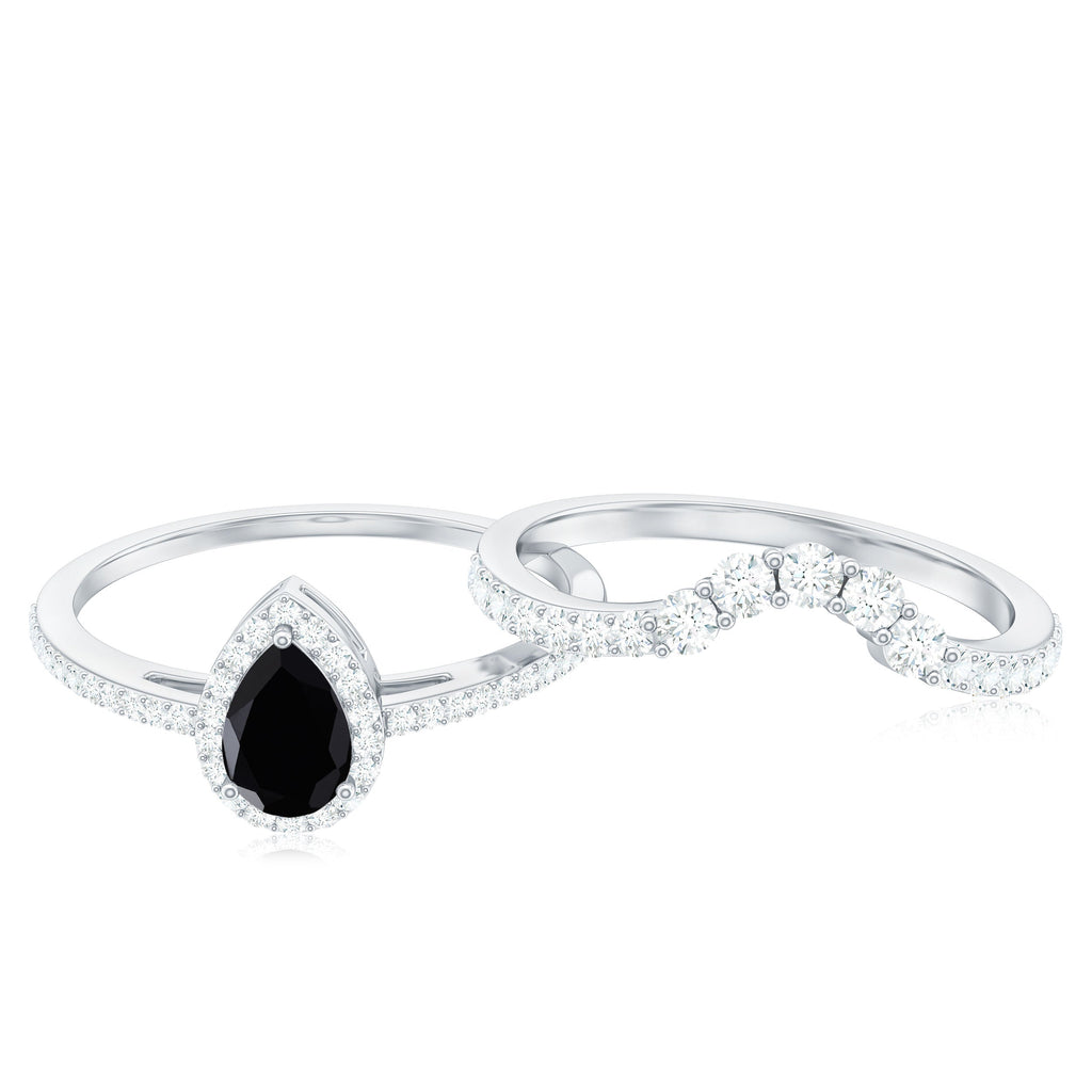 Natural Black Spinel Pear Shaped Engagement Ring with Moissanite Enhancer