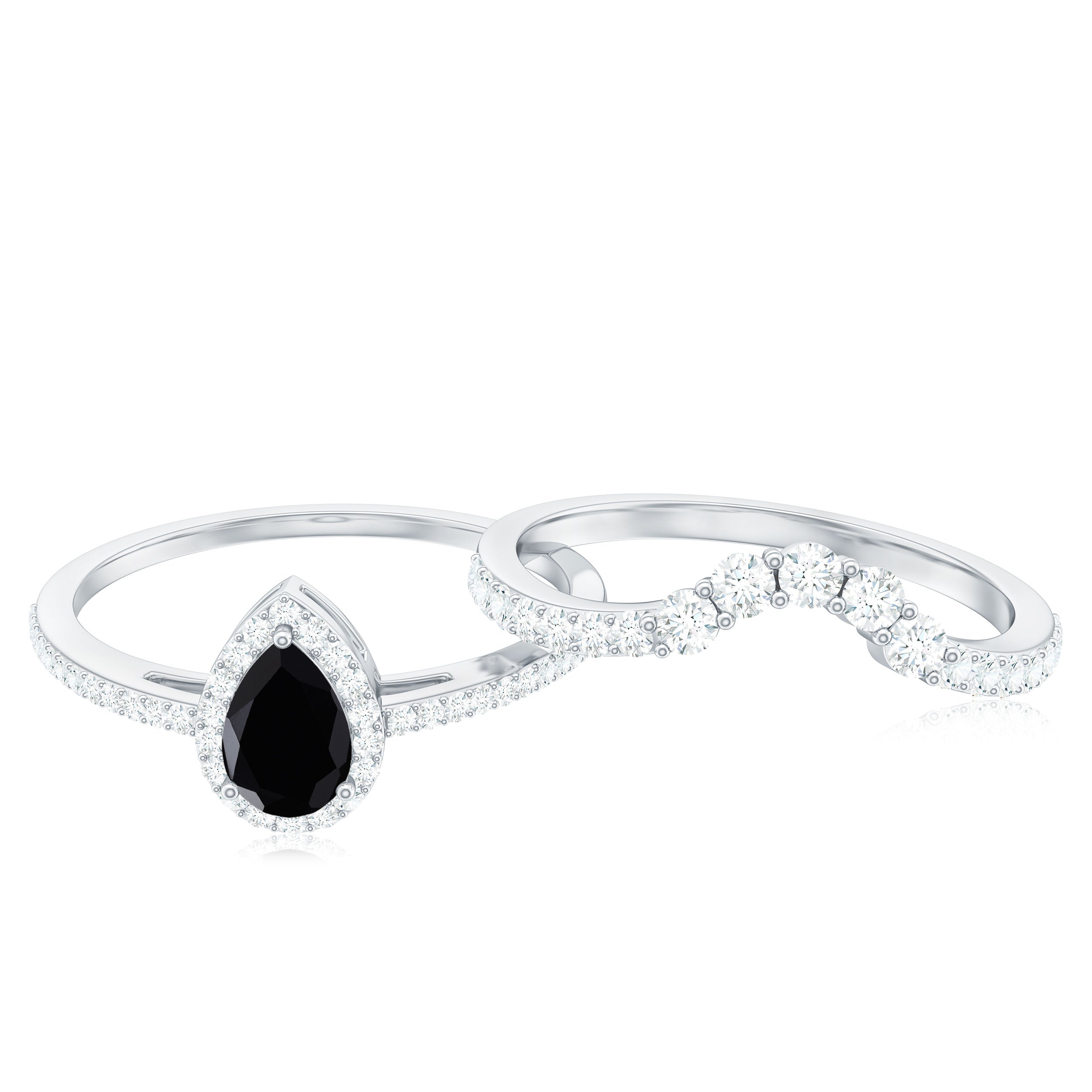 Natural Black Spinel Pear Shaped Engagement Ring with Moissanite Enhancer