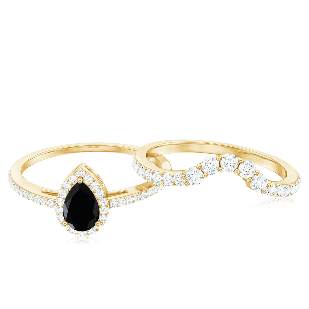 Natural Black Spinel Pear Shaped Engagement Ring with Moissanite Enhancer