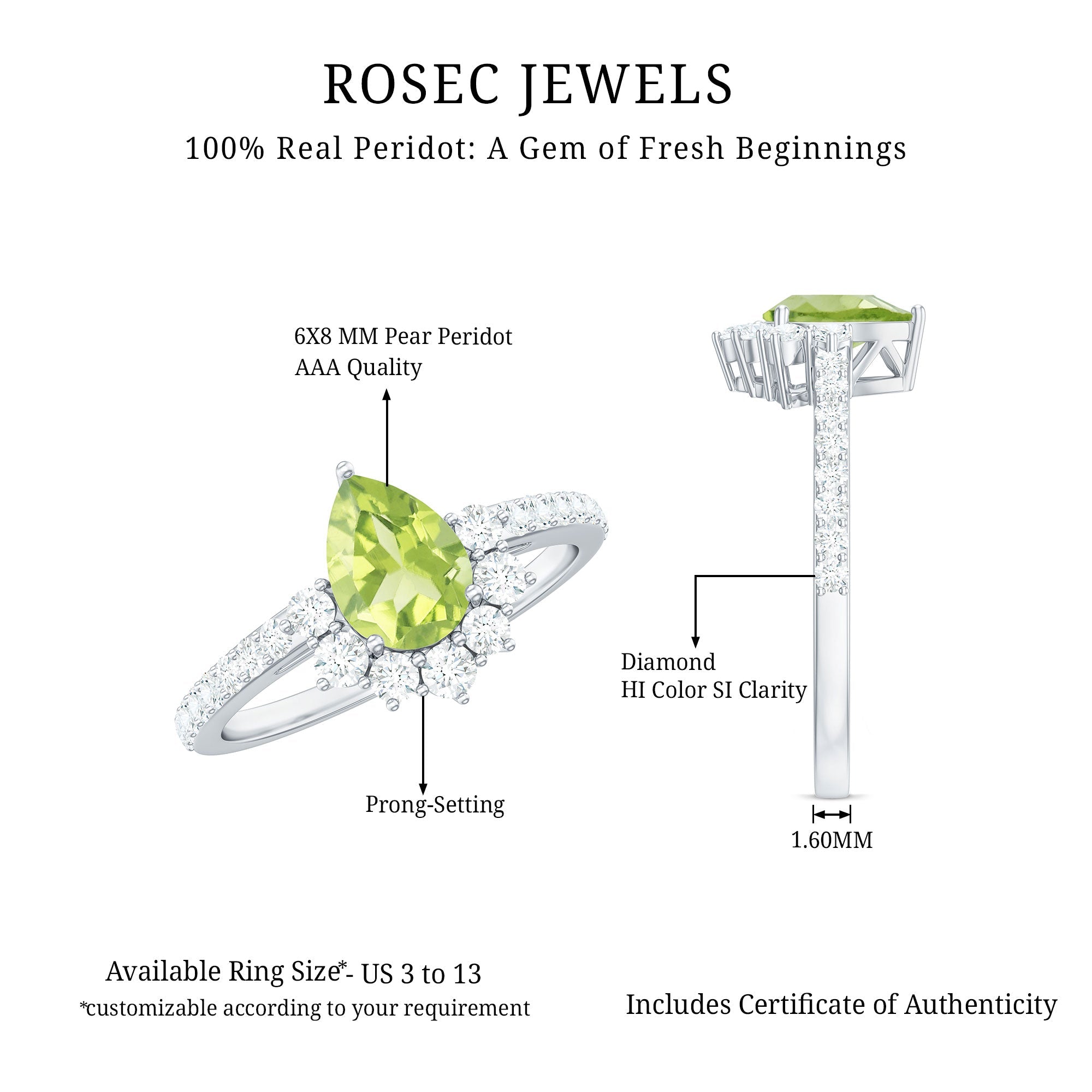 Natural 1 Carat Peridot Teardrop Engagement Ring with Diamond Half Halo