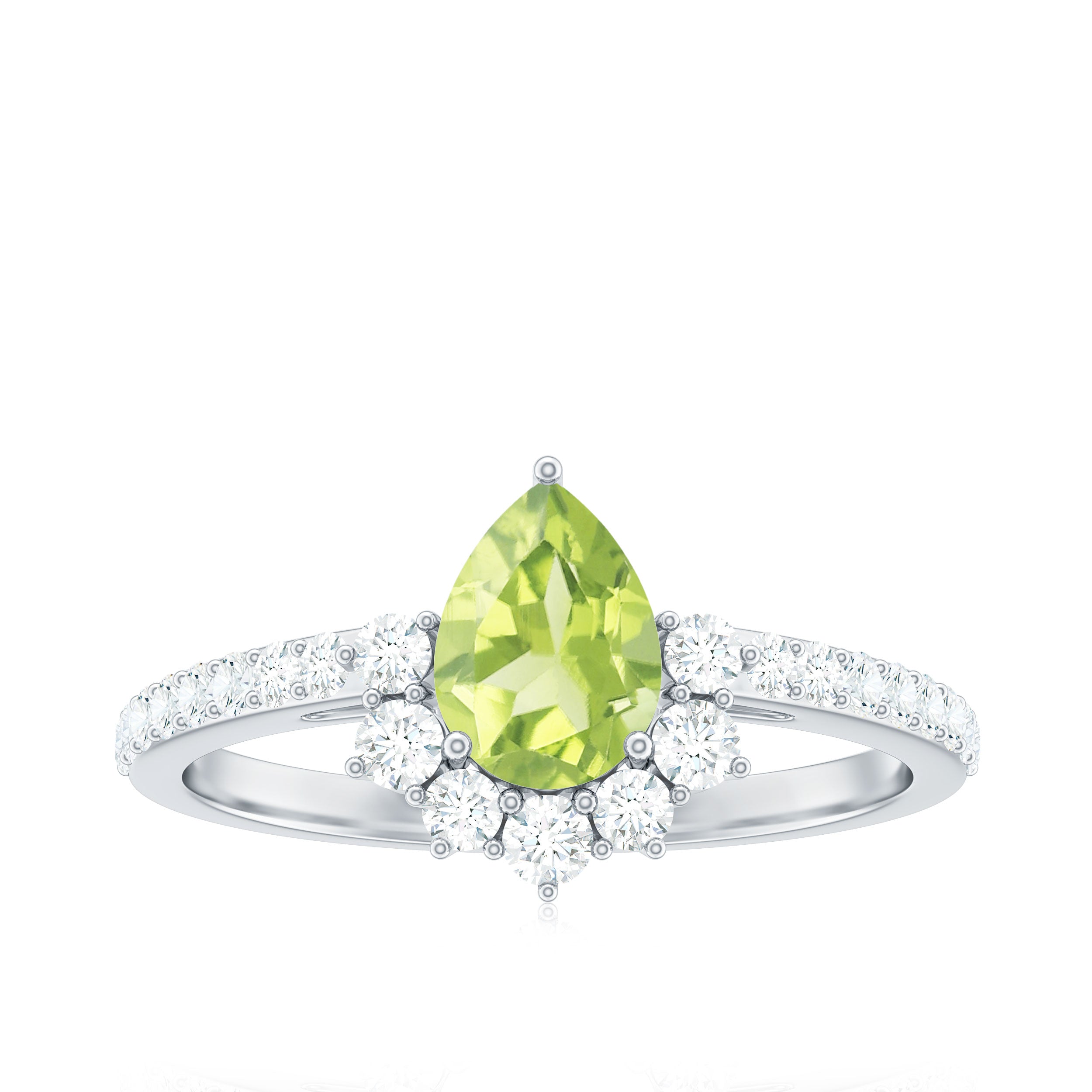 Natural 1 Carat Peridot Teardrop Engagement Ring with Diamond Half Halo