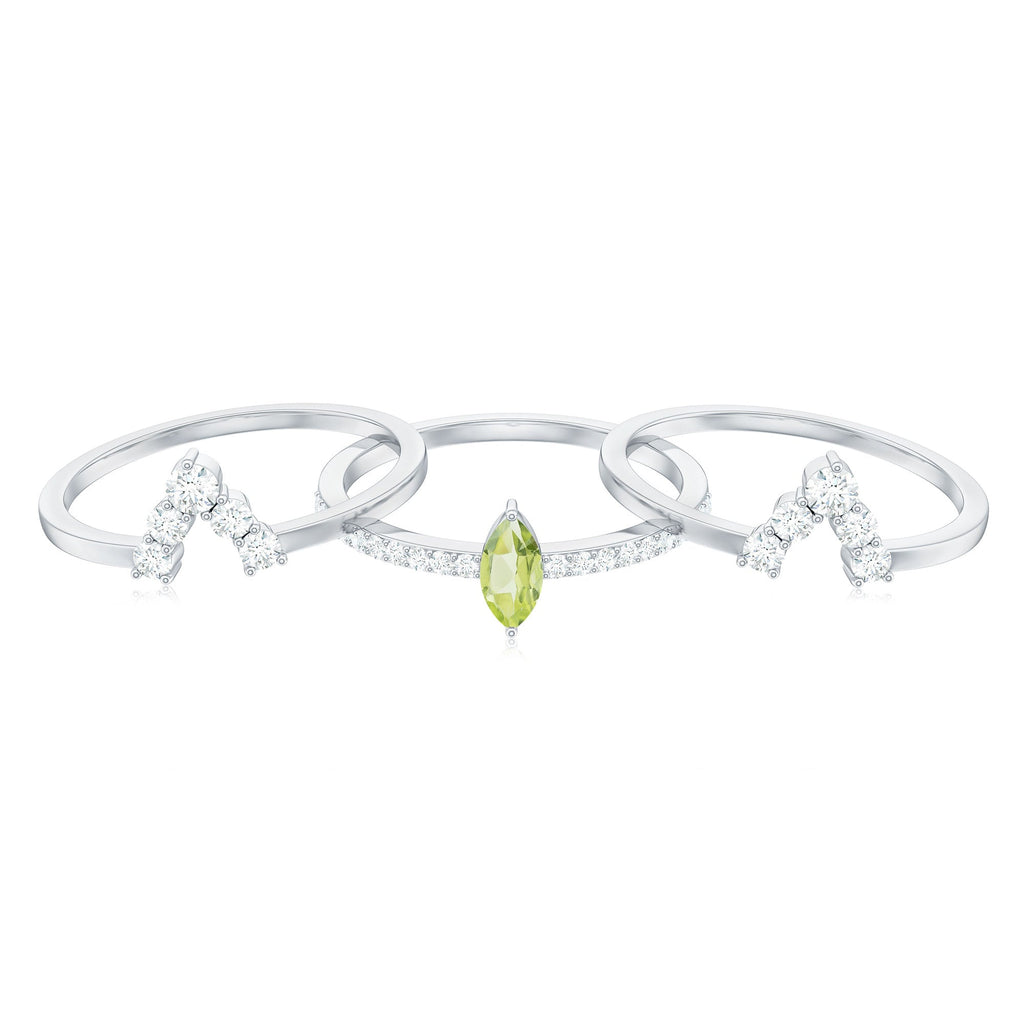 Marquise Cut Peridot Solitaire Trio Ring Set with Moissanite