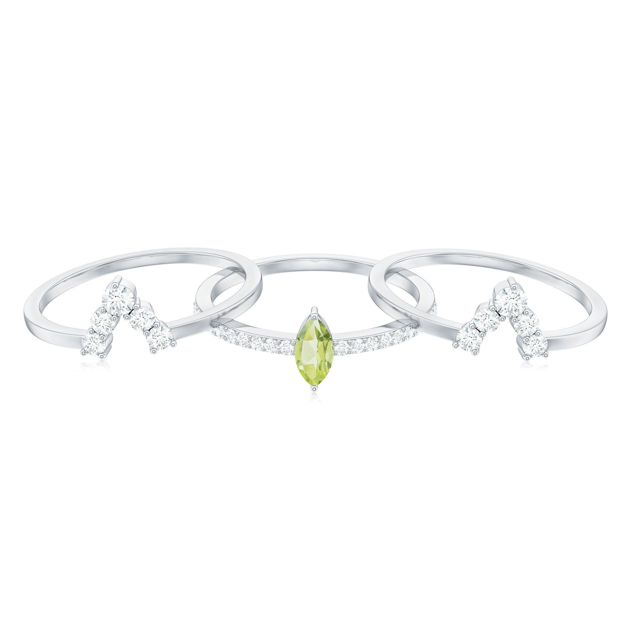 Marquise Cut Peridot Solitaire Trio Ring Set with Moissanite