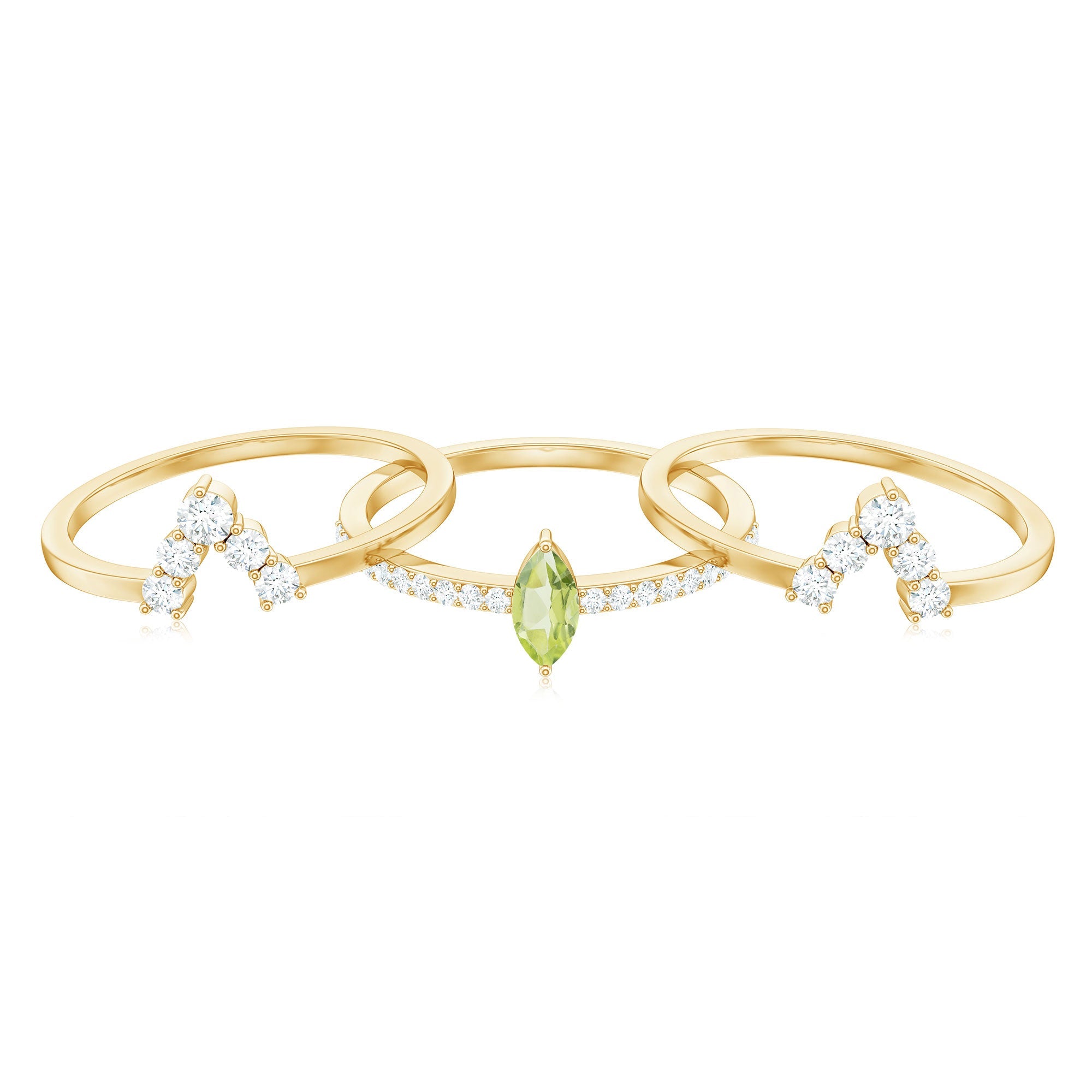 Marquise Cut Peridot Solitaire Trio Ring Set with Moissanite
